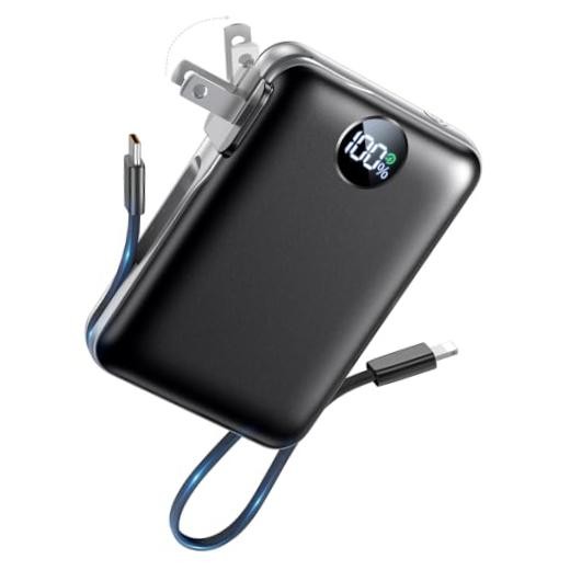 Portable Charger Power Bank 10000mAh, 45% Smaller Built-in Cables & AC Black