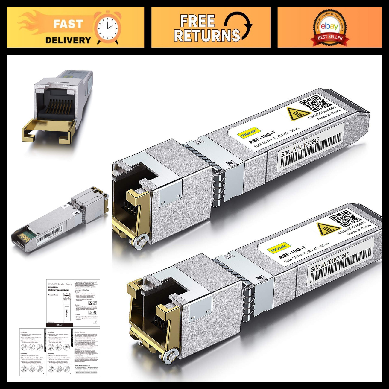 10G SFP+ to RJ-45 Transceiver, 10GbE Copper Ethernet Module CAT6a, 30m, 2-Pack