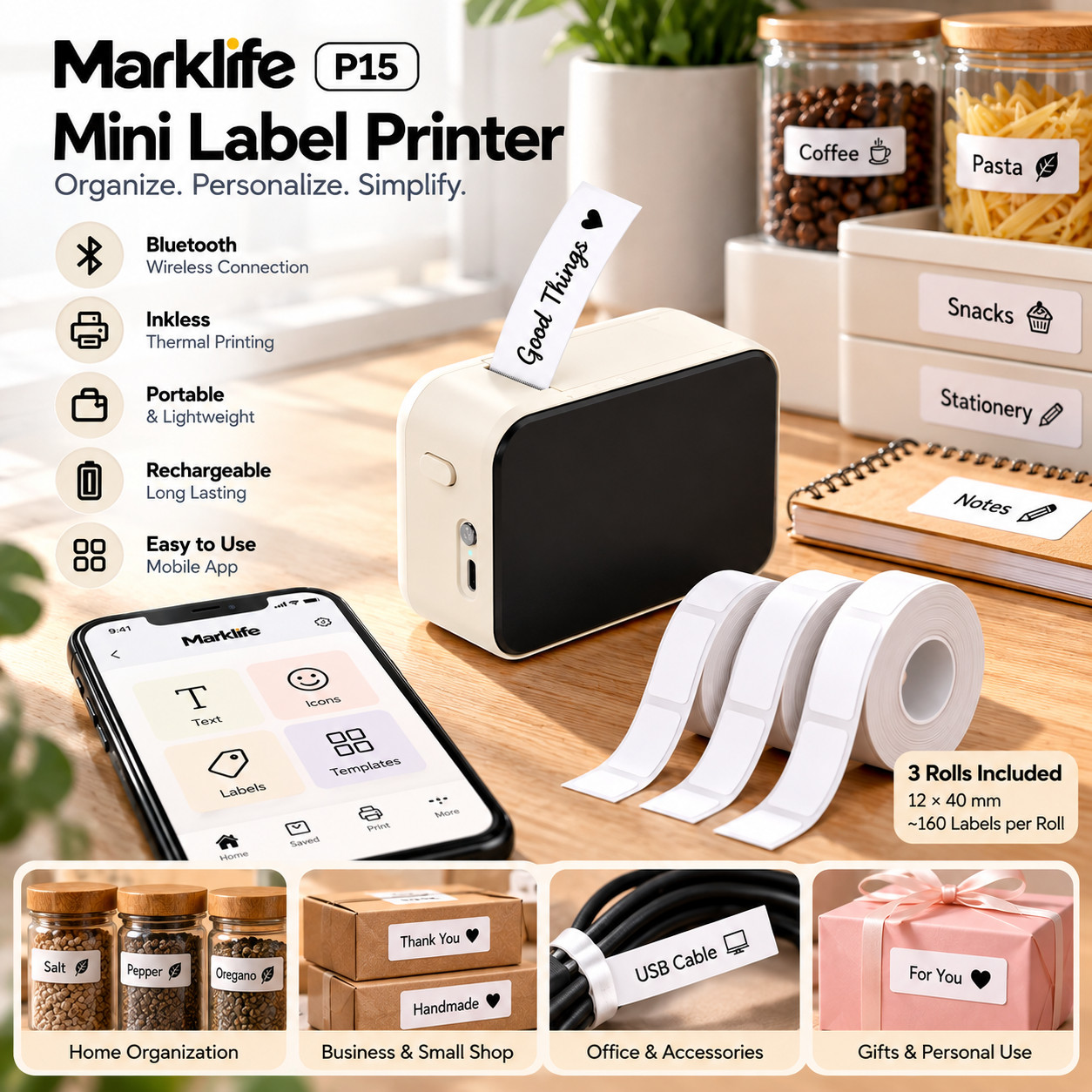 Marklife P15 Mini Bluetooth Thermal Label Printer Portable Sticker Maker + 3 Rol