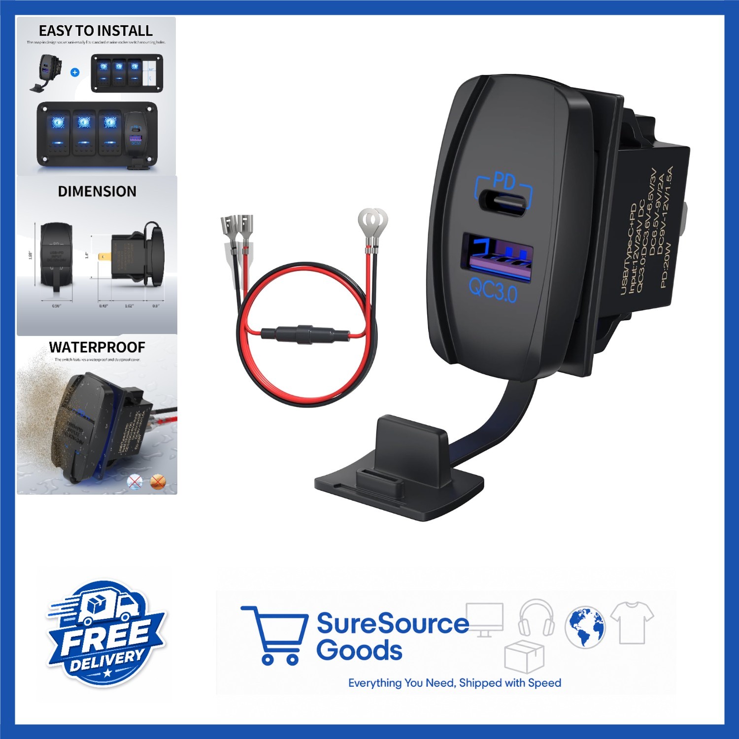 Dual USB Charger Socket 12V Rocker Switch for Marine RV Truck Waterproof
