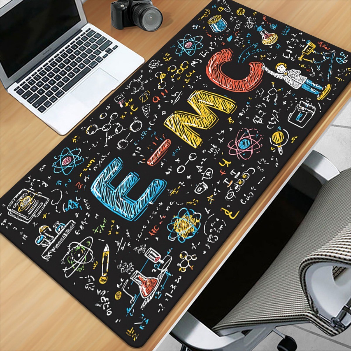 1pc E=MC2 Themed Black Pattern Desk Mat, Non-Slip Rubber Base, XXL Computer Mo