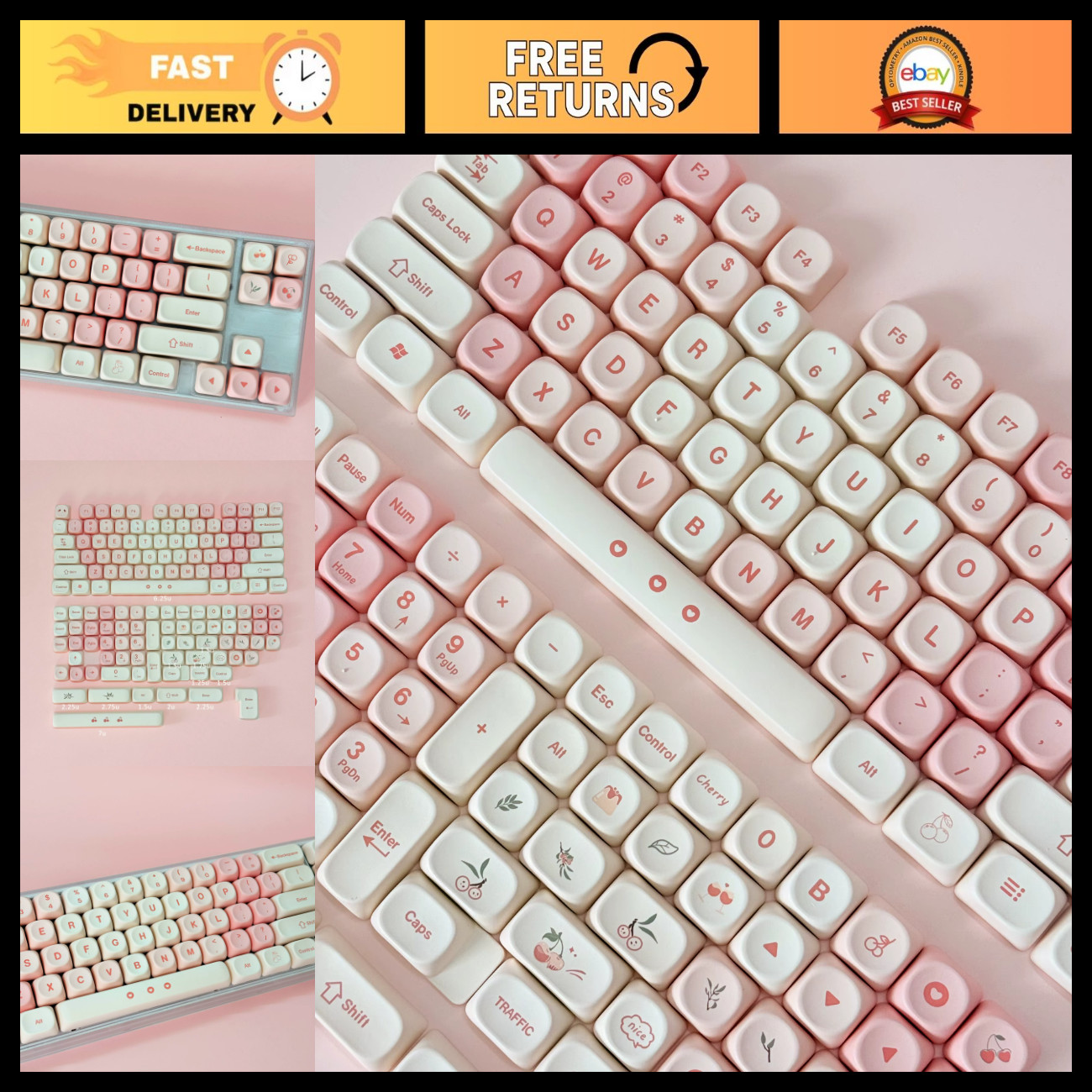 Cute Pink Cherry Keycaps Set - MOA Profile Dye-Sub PBT for 60% 75% TKL 100% Keyb