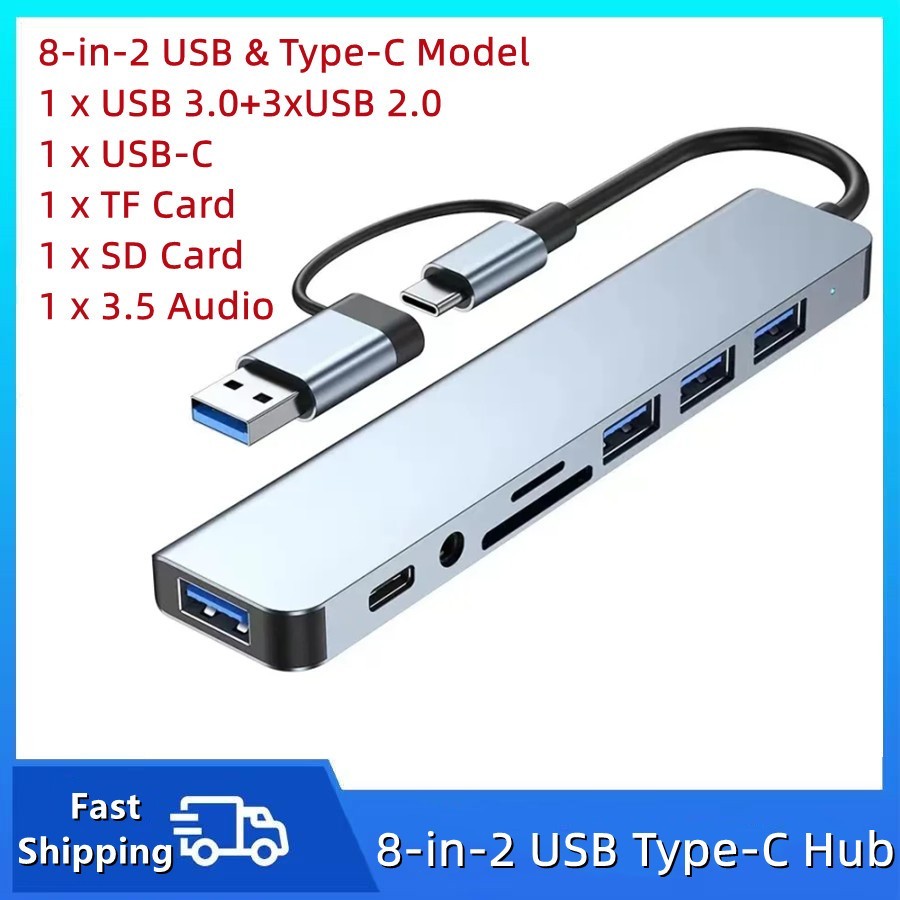 8 in 2Port USB-C Hub Adapter - 5G Speed Multi Splitter for PC, Laptop & MacBook