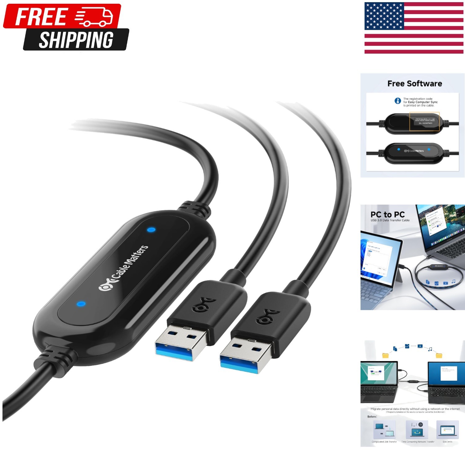 USB 3.0 Data Transfer Cable PC to PC for Windows, USB Transfer Cable in 6.6 Ft -