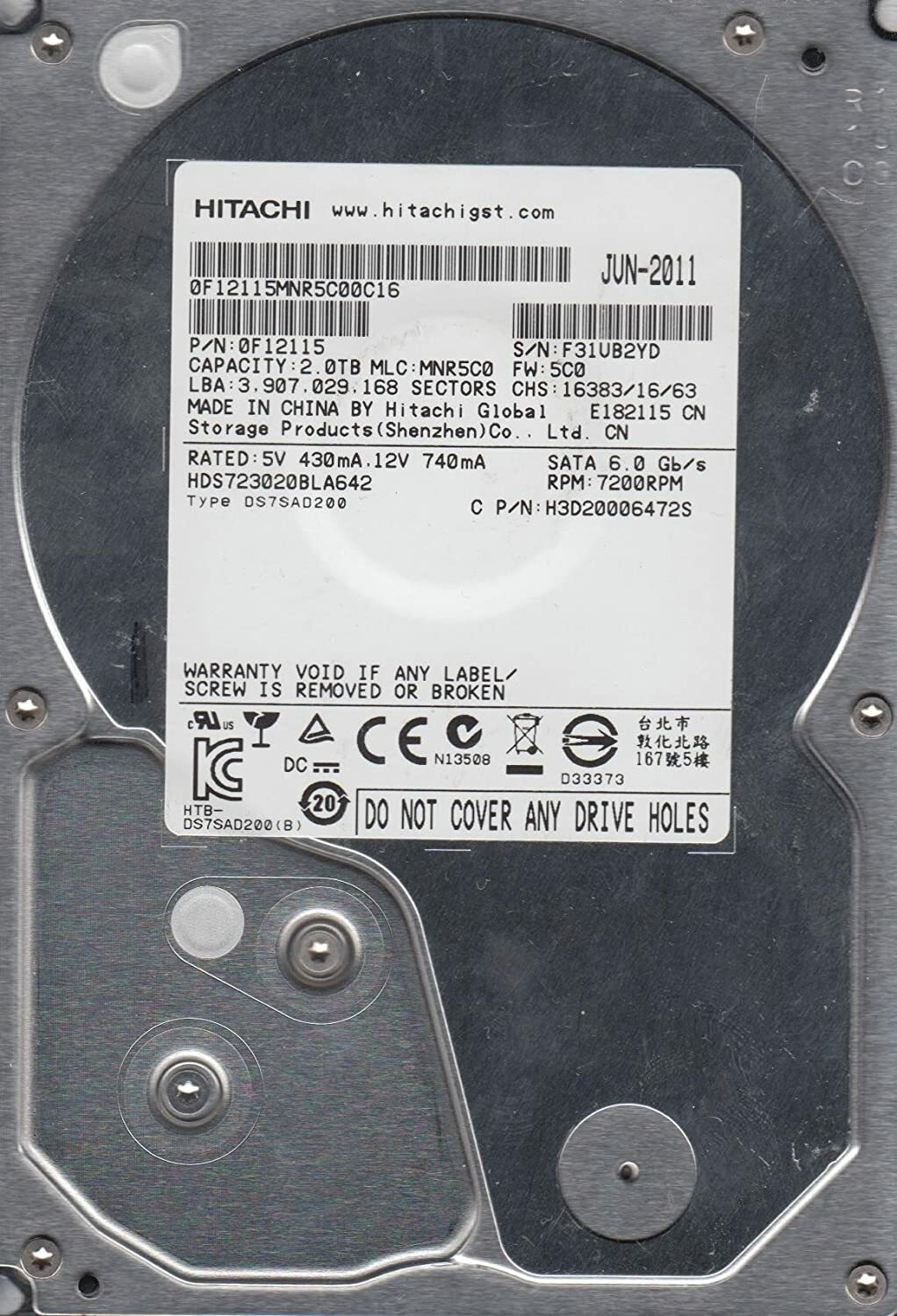 Hitachi 0F12115 - 2TB 7.2K RPM 64MB Cache SATA 3.5" Hard Drive - HDS723020BLA642