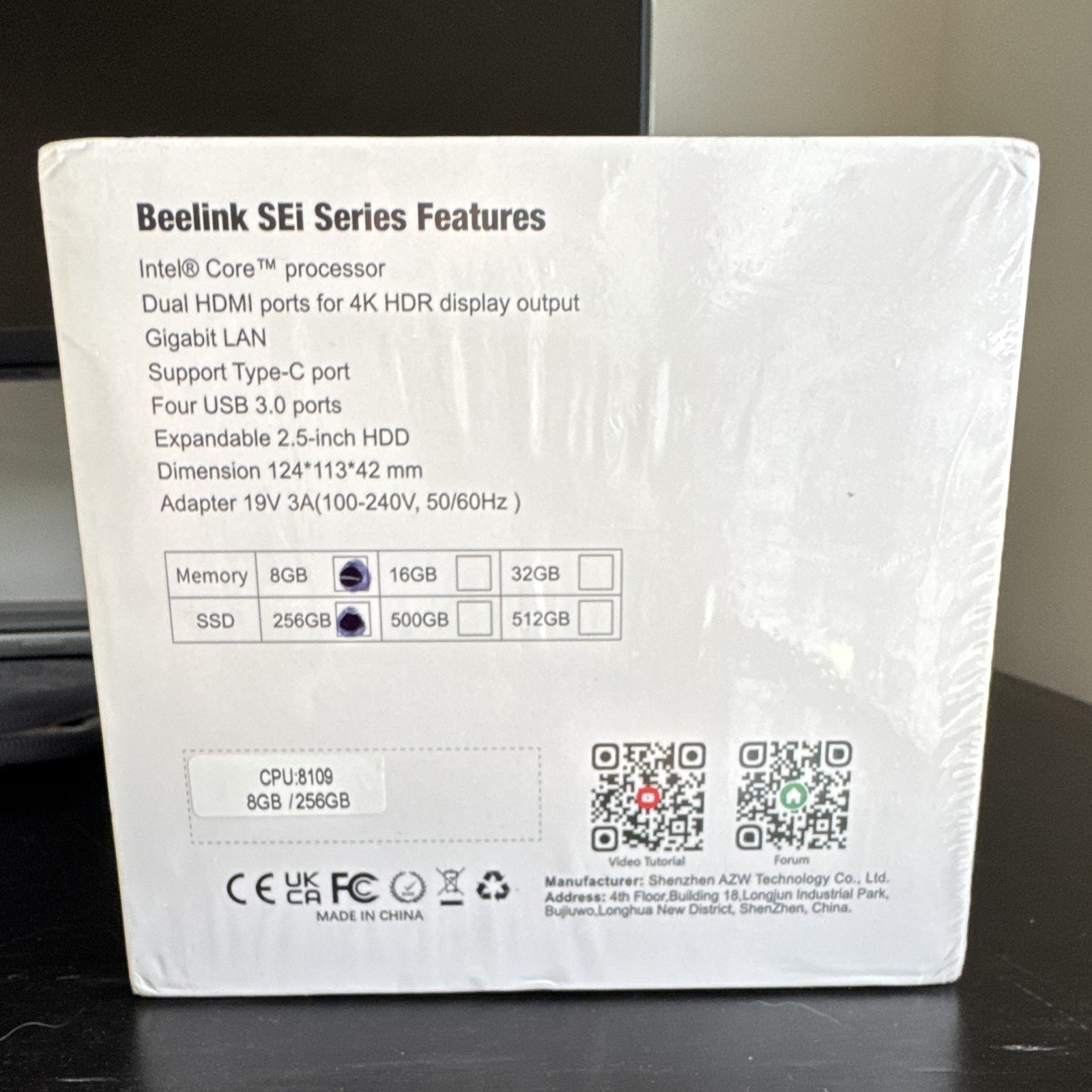 Beelink SEi Mini PC i3-8109U 8GB RAM 256GB SSD Wi-Fi BT USB-C HDMI