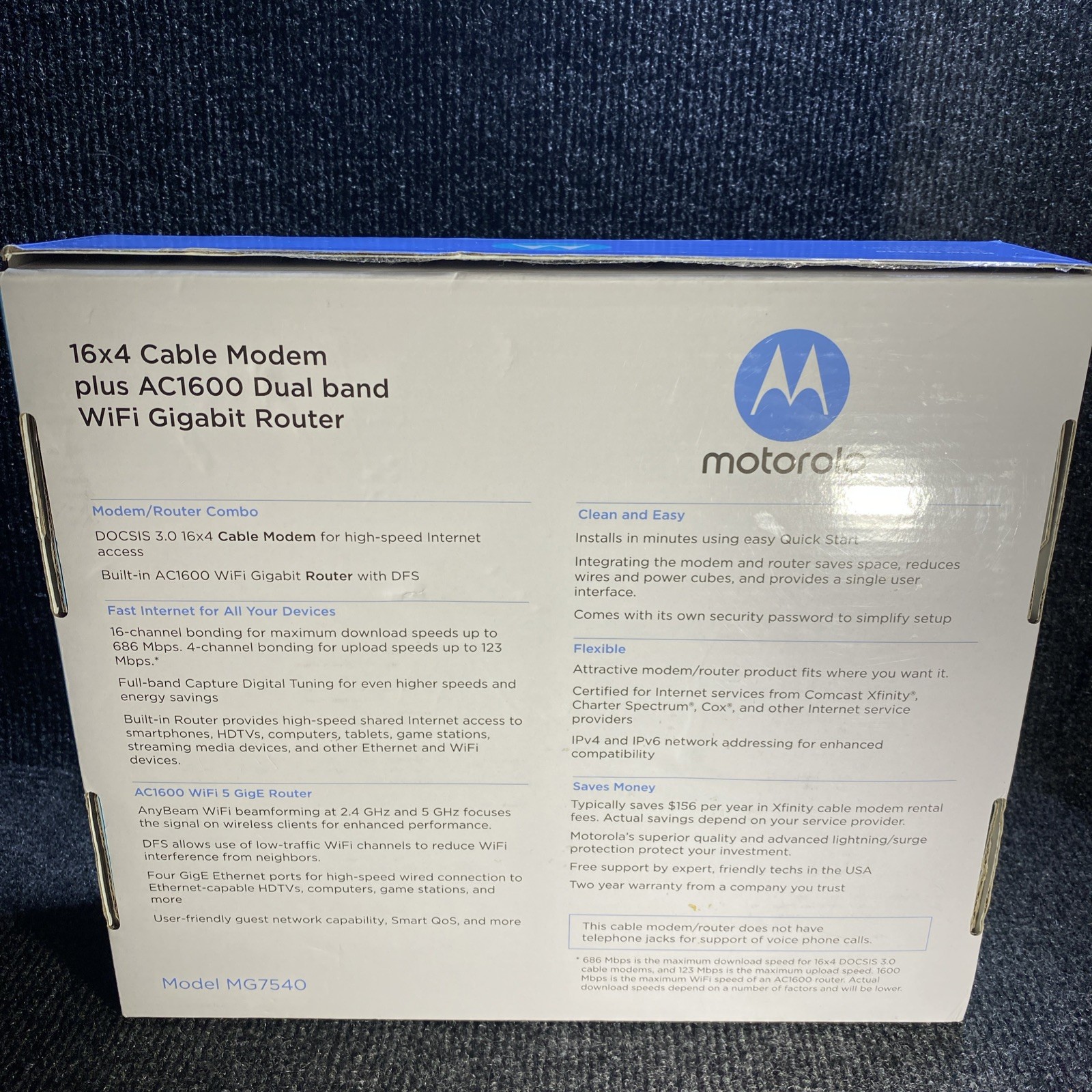 Motorola MG7540 Cable Modem-Router Combo AC1600 WiFi DOCSIS 3.0 Dual-Band 4 LAN