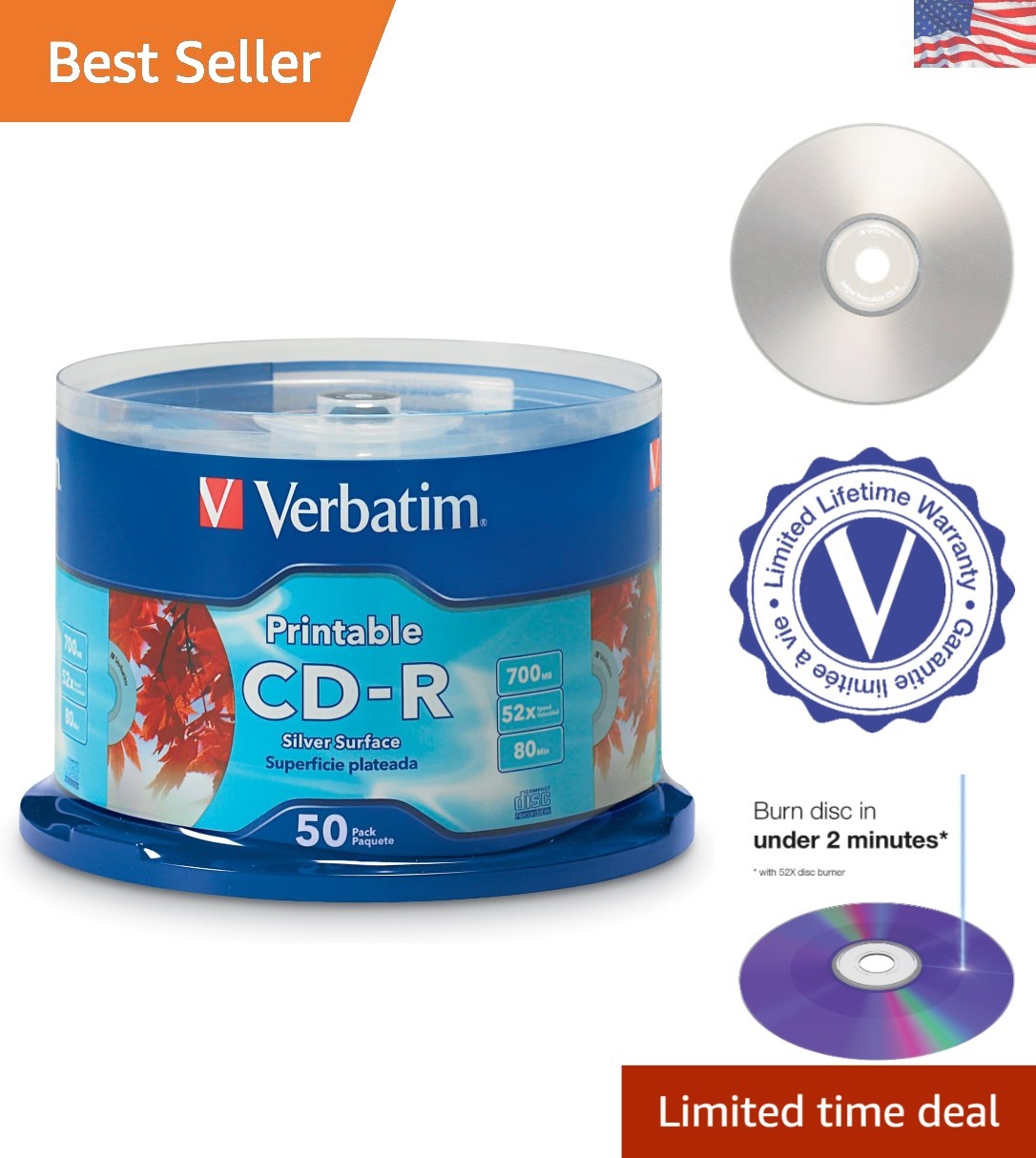 Verbatim 50 Pack 700MB 52X Silver Inkjet Printable CD-R Discs for High-Qualit...