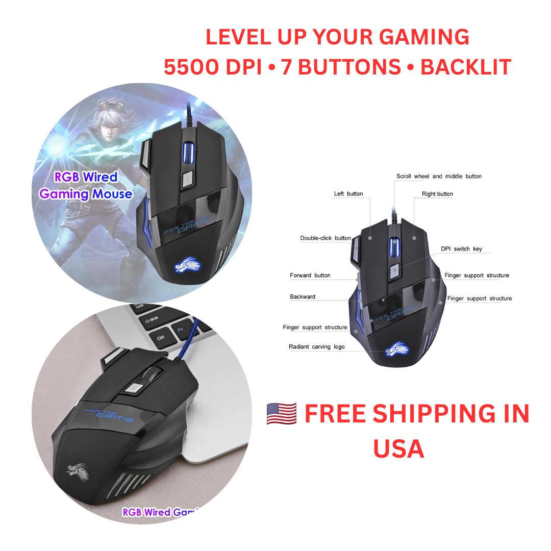 5500 DPI Gaming Mouse 7 Button USB Wired Optical Backlit Adjustable PC Laptop