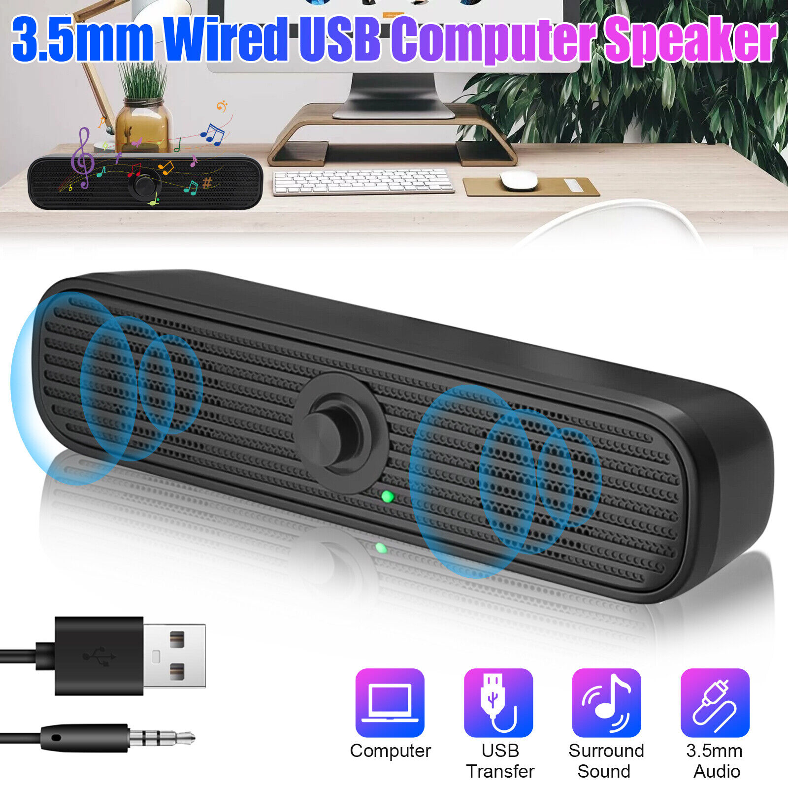 2.0 Stereo Bass Sound Computer Speakers 3.5mm USB Wired Soundbar for Laptop PC