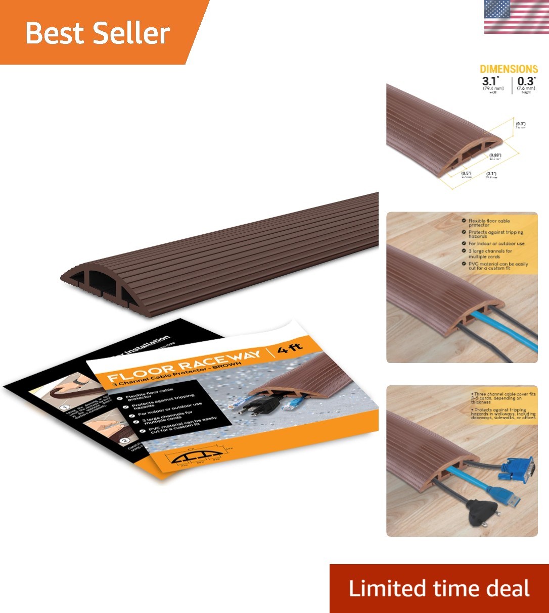 4-Foot Cord Cover - Floor Cable Management Kit for Indoor or Outdoor Use - 3-...