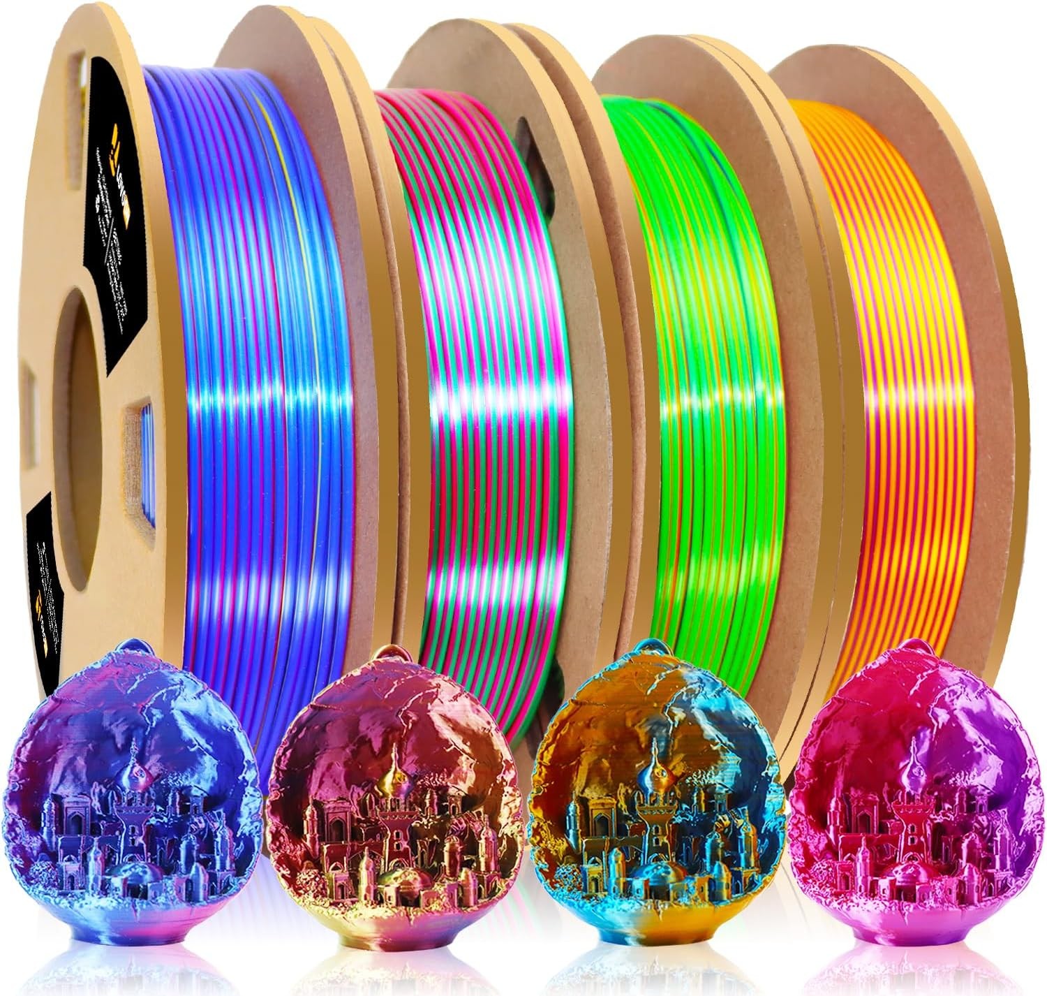 Rainbow Silk PLA Filament Bundle 1.75mm Tricolor 3D Printer Filament 4 Pack