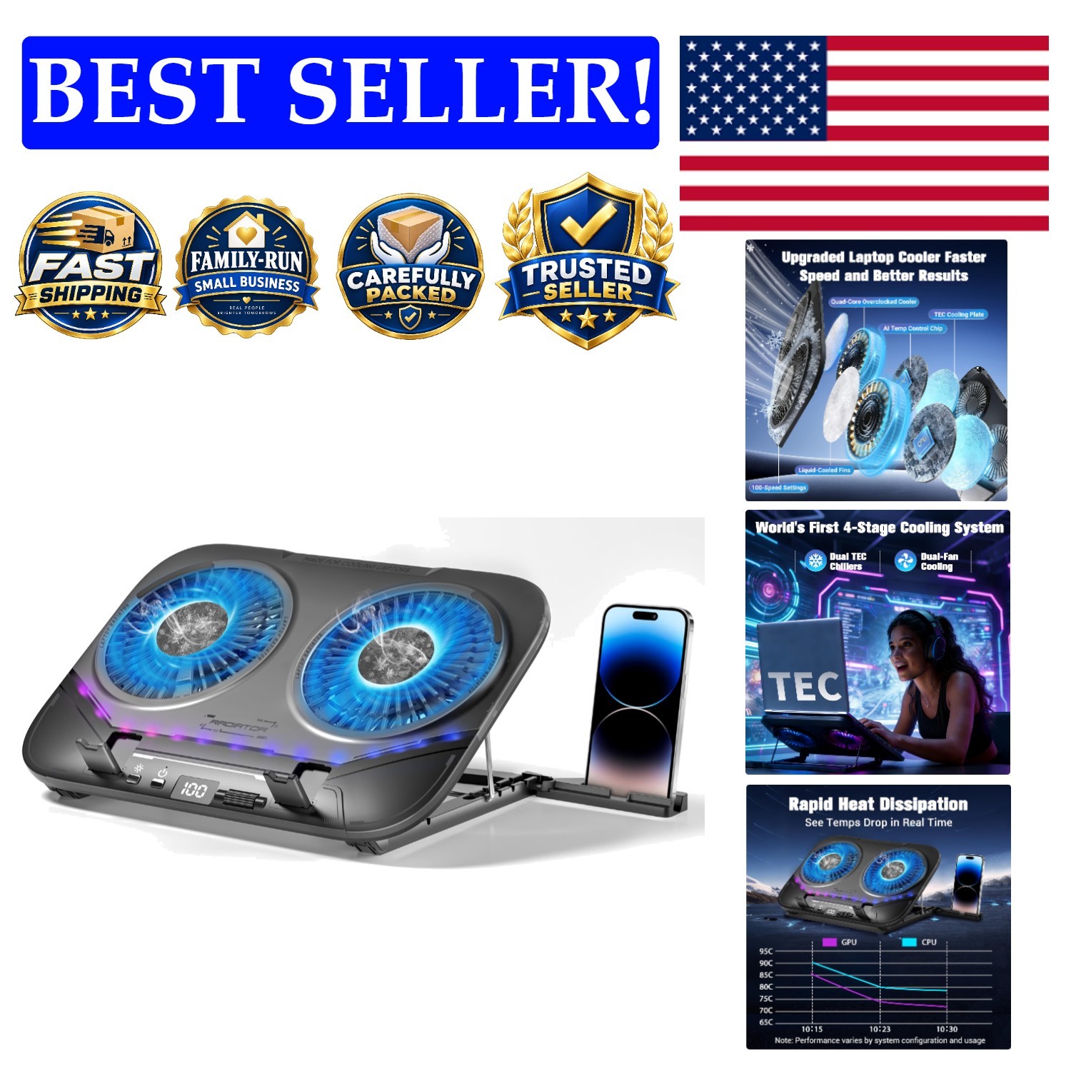 Dual-Core TEC Laptop Cooling Pad with RGB and Stepless-Quiet Fans - Smoky Black