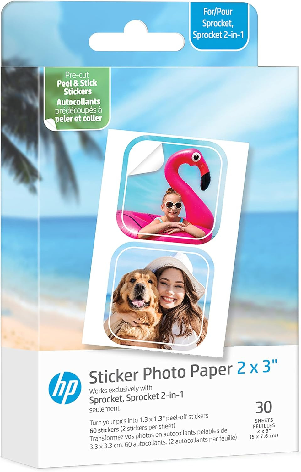 HP Sprocket 2X3” Premium Zink Pre-Cut Sticker Photo Paper, 30 Sheets, Compatible