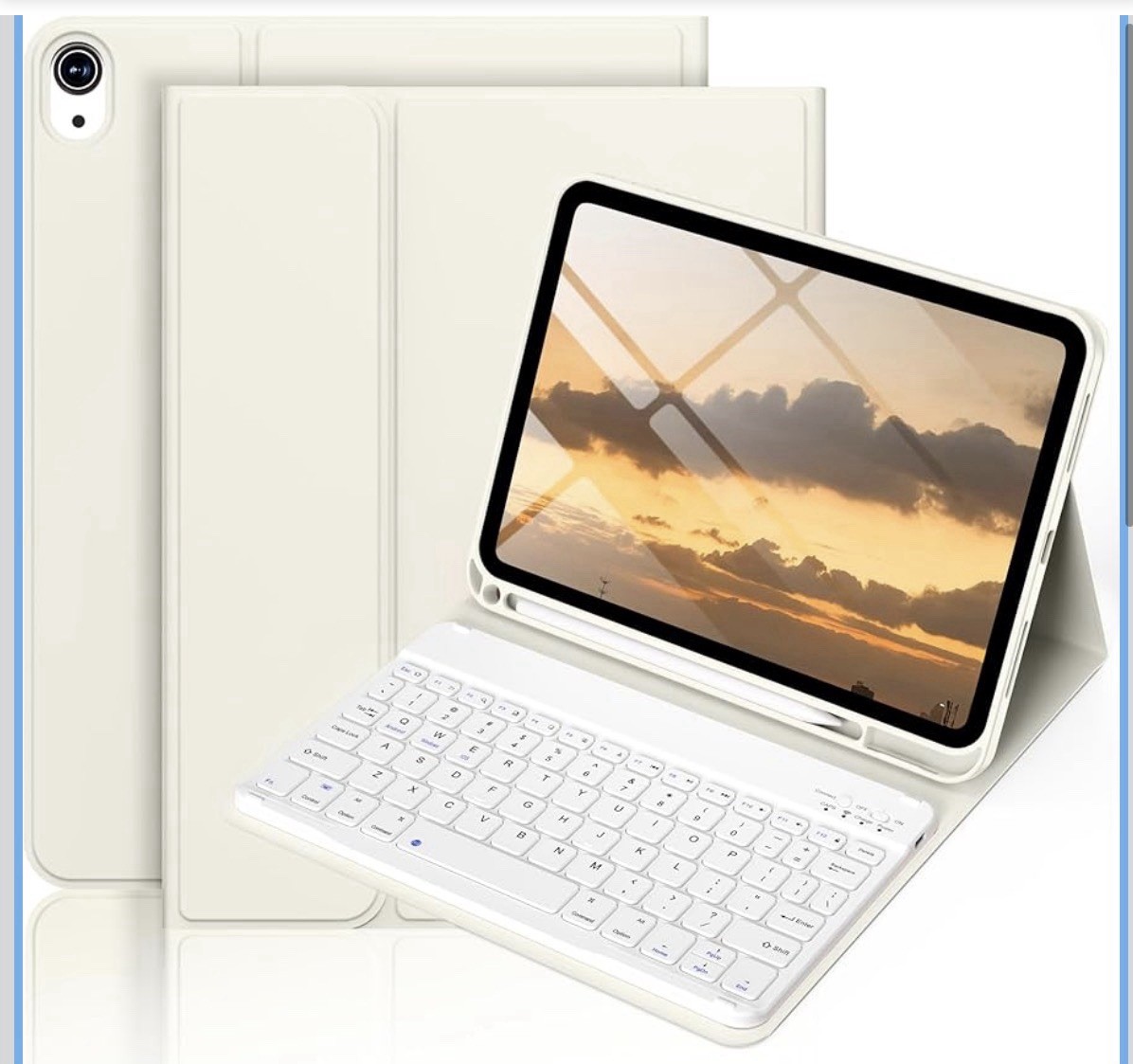 iPad 10/11 Case w/Keyboard, Pencil Holder, Slim Cover, Cream White