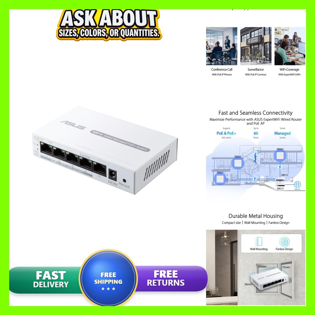 Asus ExpertWiFi EBP15 Ethernet Switch 5-Port Manageable Gigabit PoE White TAA