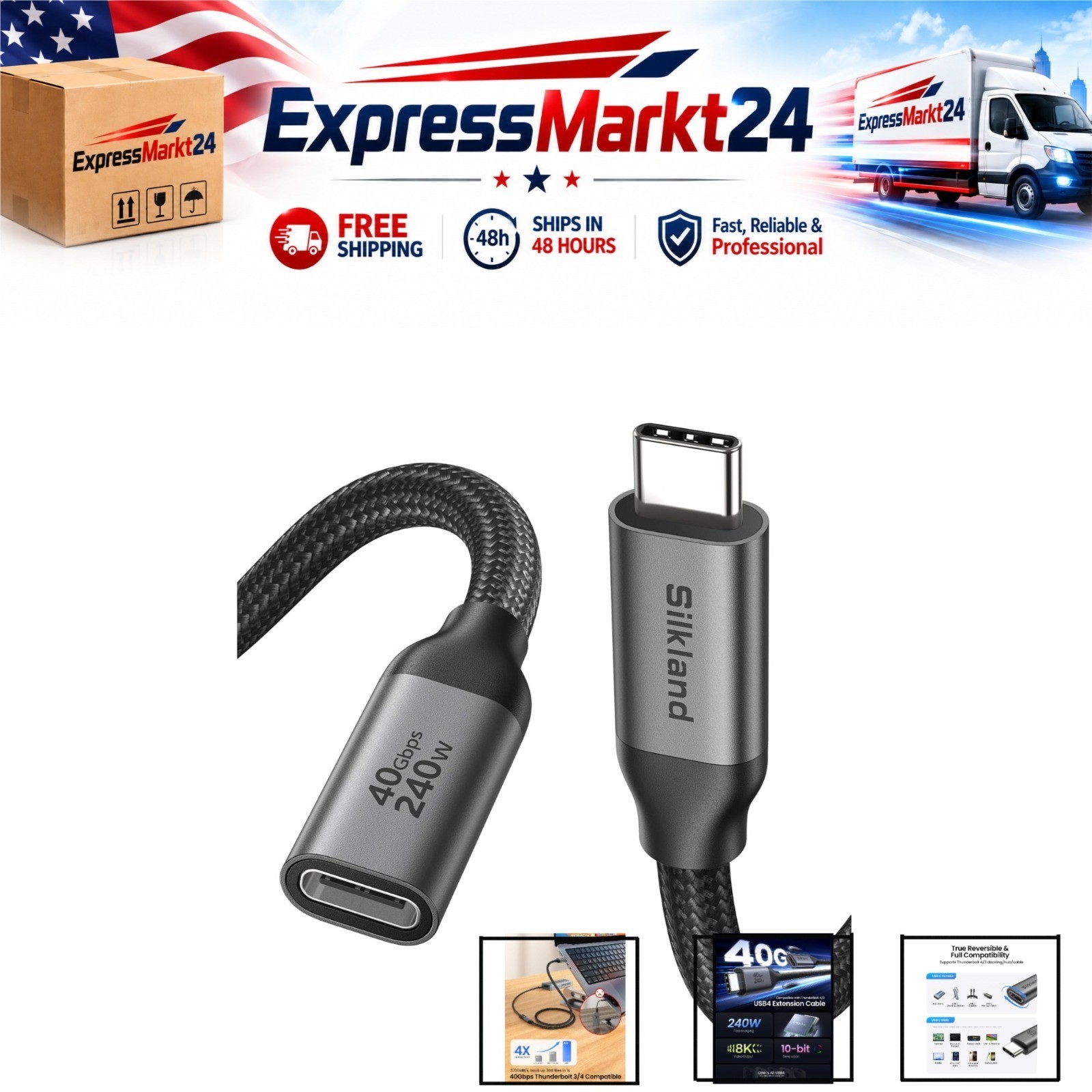 Silkland USB4 Extension Cable 40Gbps 240W Thunderbolt 4 USB C Extender Braided