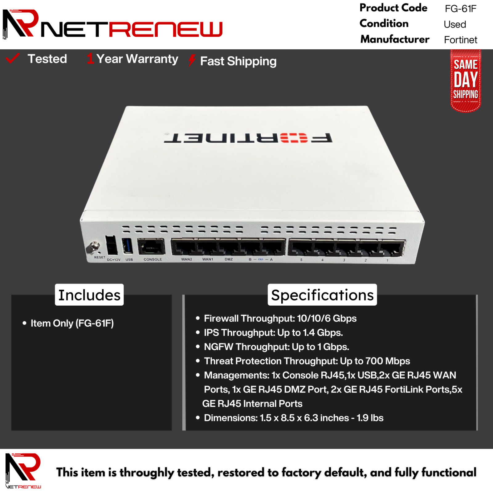 Fortinet FG-61F 5x GE RJ45 ports Next-Generation Firewall