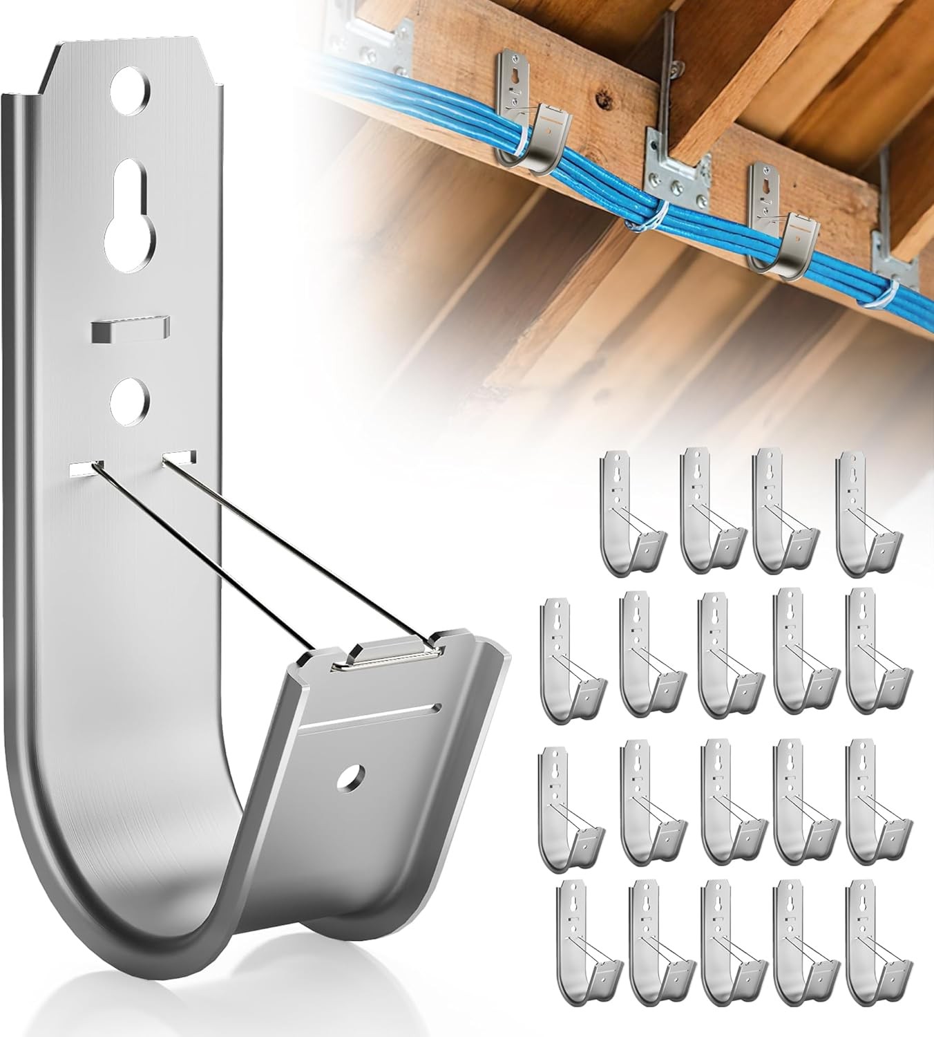 20 Pack J Cable Hook with Retainer Clip, 2-Inch Heavy Duty Wall Mount J-Hooks...