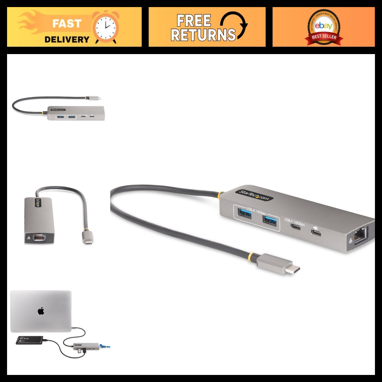 3-Port USB-C Hub, 10Gbps Data Transfer, 2.5GbE Ethernet, 100W PD Pass-Through