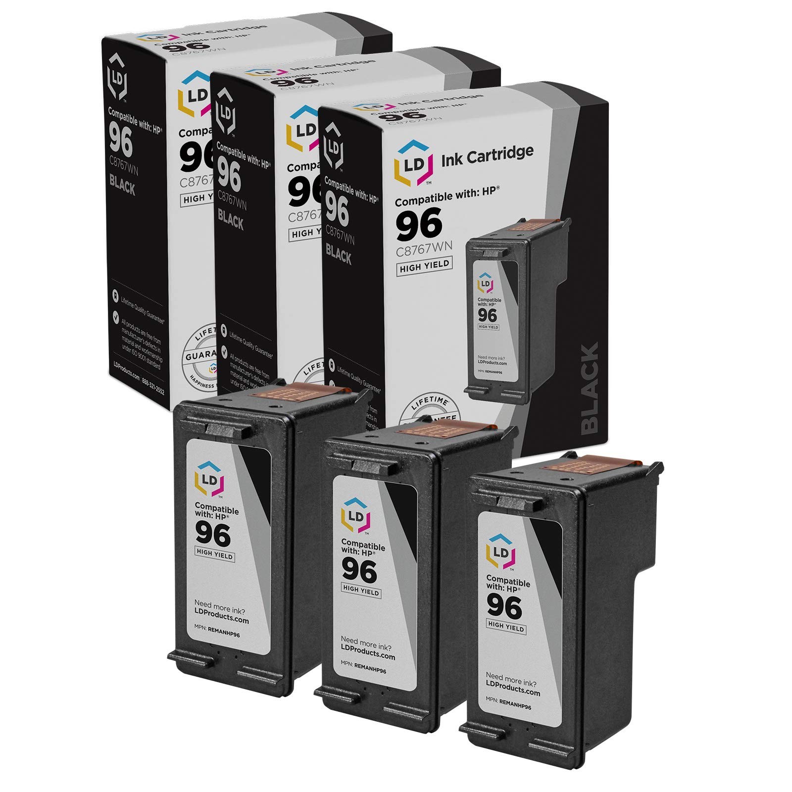 LD Reman Replacement for HP 96 / C8767WN HY Black Ink Cartridge 3-Pack