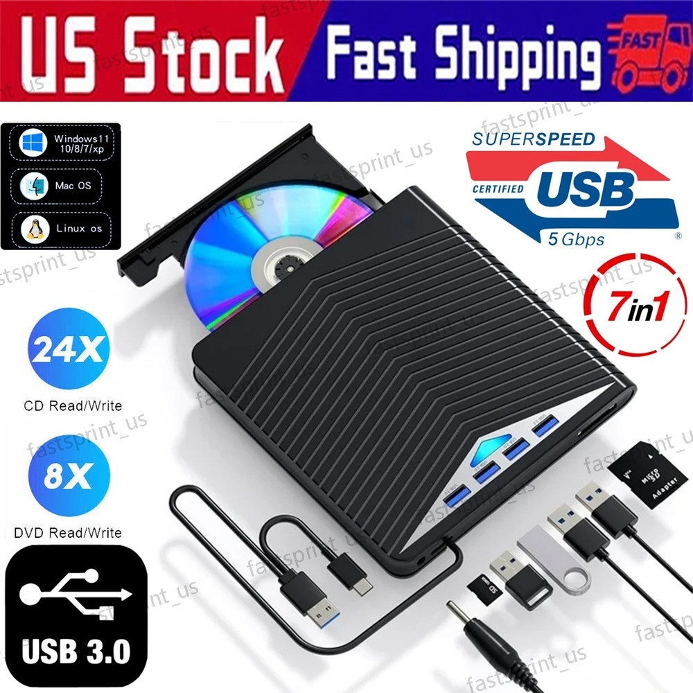 External CD DVD Drive for PC Laptop Windows 11 10 USB 3.0 Burner Reader Writer