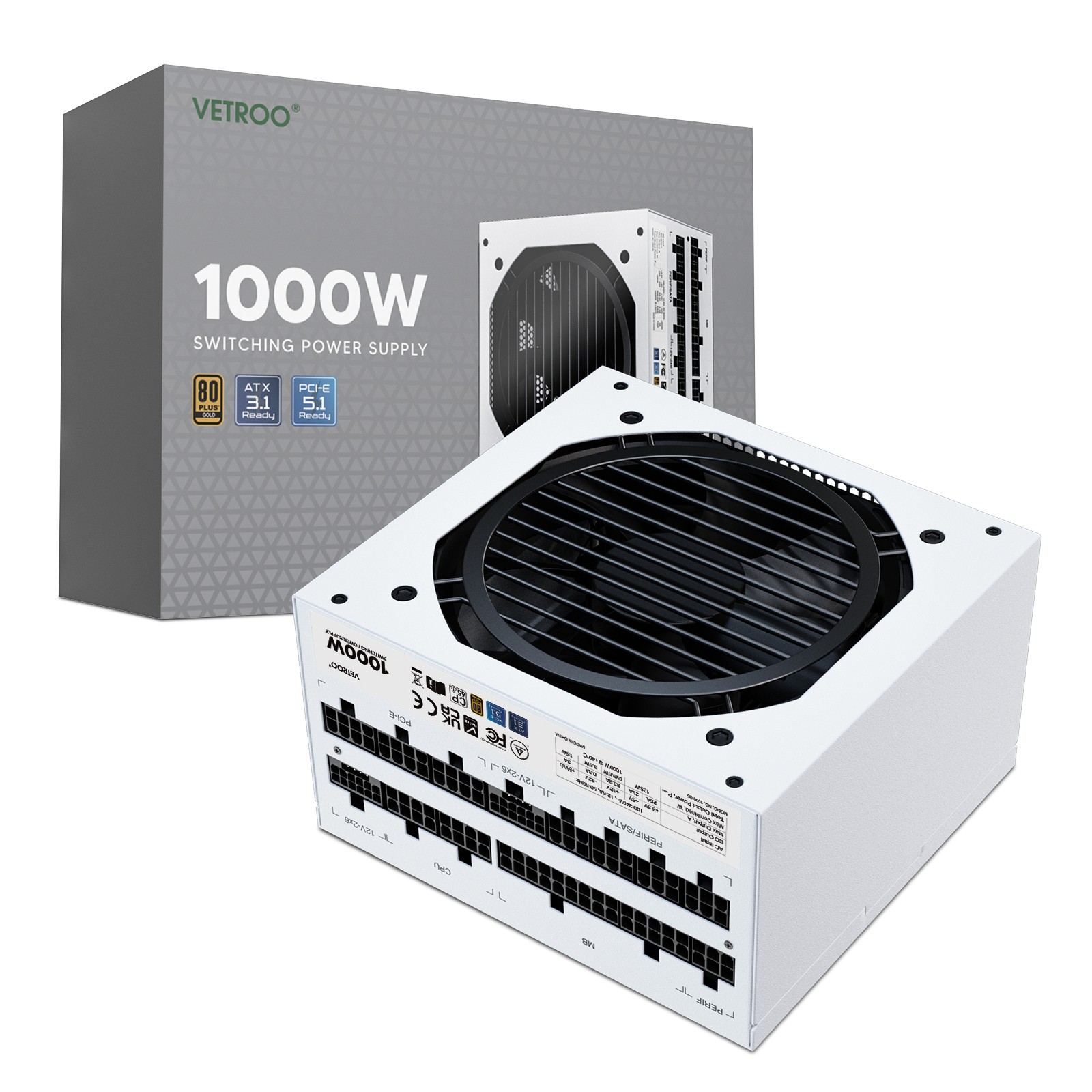 Vetroo 1000W White Power Supply ATX 3.1 Ready Full Modular 80+ Gold Gaming PSU
