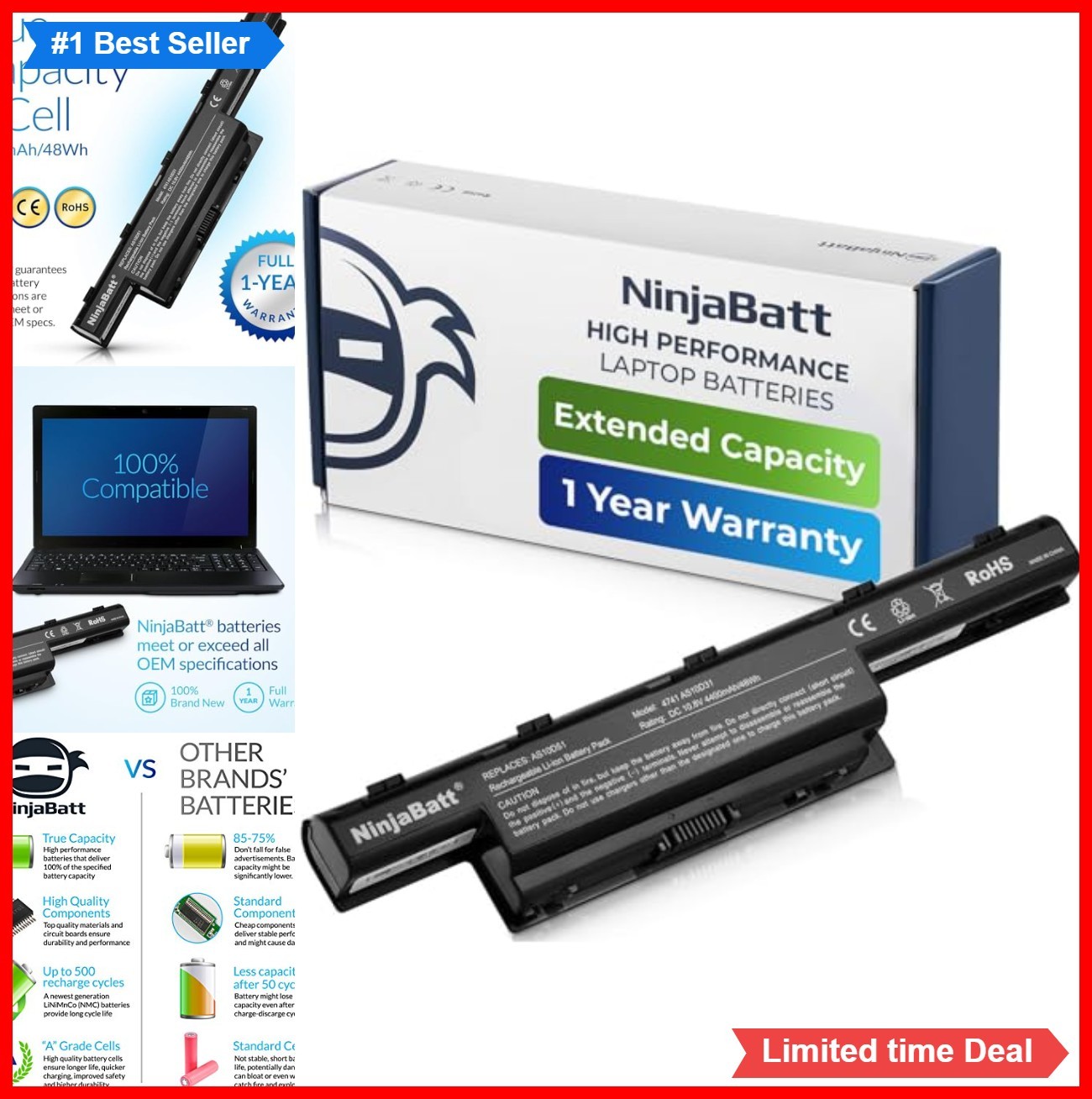 Laptop Battery 10.8V 4400mAh 48Wh Li-ion 6 Cell Replacement for Acer Notebook