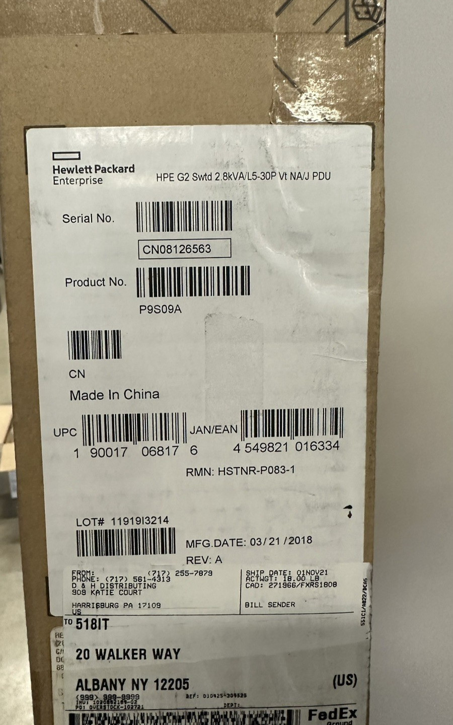HPE 2.8kVA Switched L5-30P Input 18x 5-20P 24A 100-120v USA Canada Japan G2 PDU