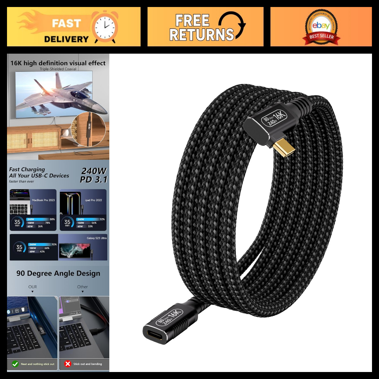 6.6ft USB4 Extension Cable 90-Degree Right Angle, 80Gbps, 16K/ Dual 8K, 240W Cha
