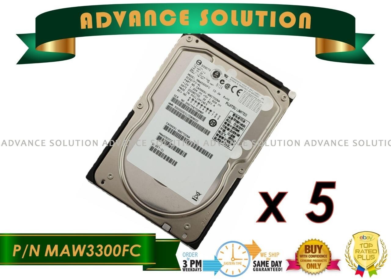Lot of 5 FUJITSU 300GB 10K 2GBPS 40PIN FC-AL FIBRE CHANNEL HARD DRIVE MAW3300FC