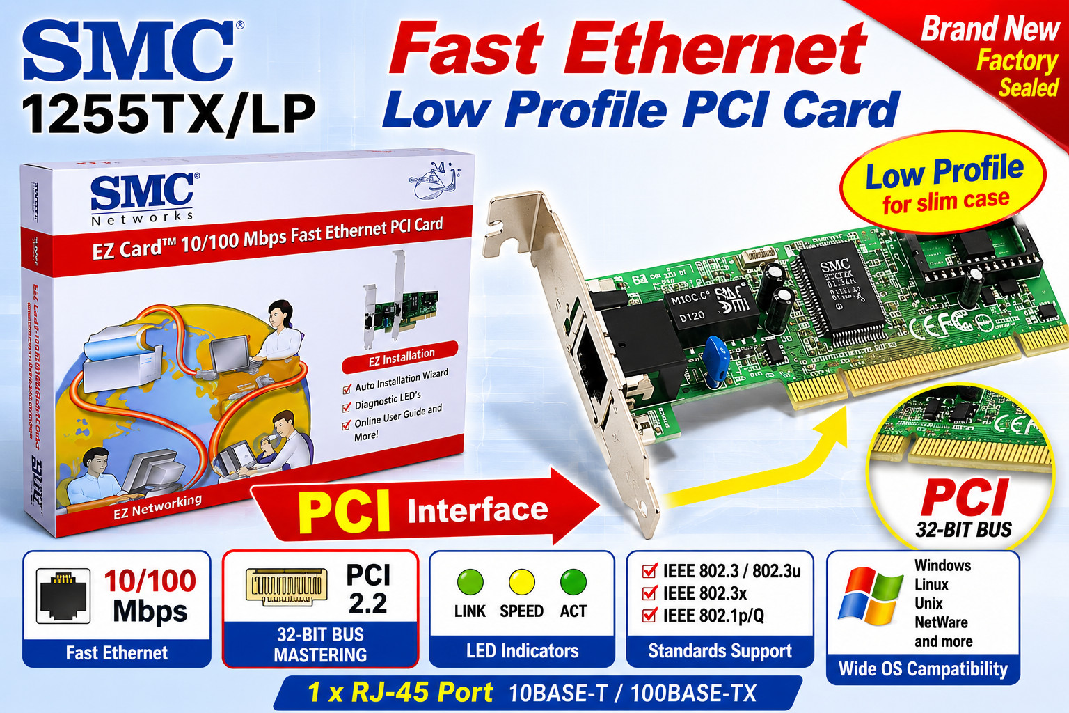 Vintage SMC Low Profile PCI Fast Ethernet LAN Adapter 10/100 RJ45 New Sealed