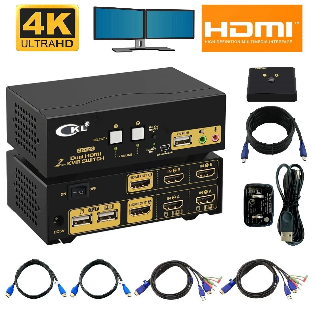 HDMI KVM 2 Port 4K 30Hz Dual Monitor Extended Display (CKL-922HUA)