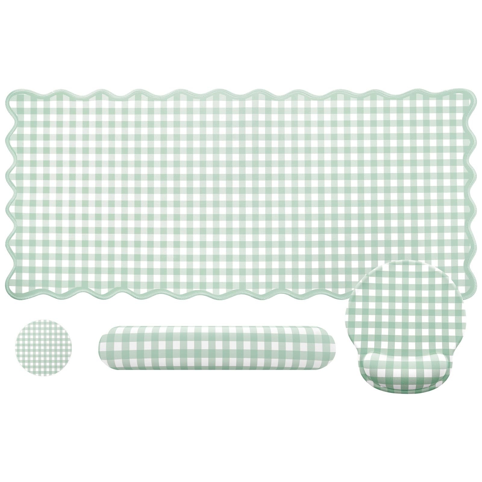 Green Gingham Desk Mat Set with Wrist Rest Ergonomic Scalloped Edge Pad