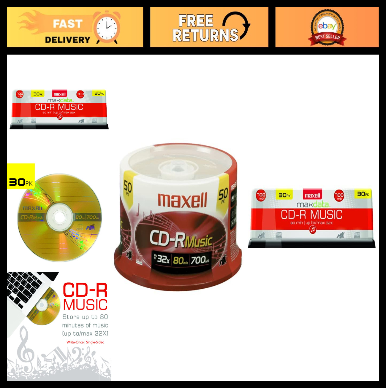 80-Minute Music CD-Rs 50-Pack Spindle - High-Sensitivity Recordable Audio CDs 70
