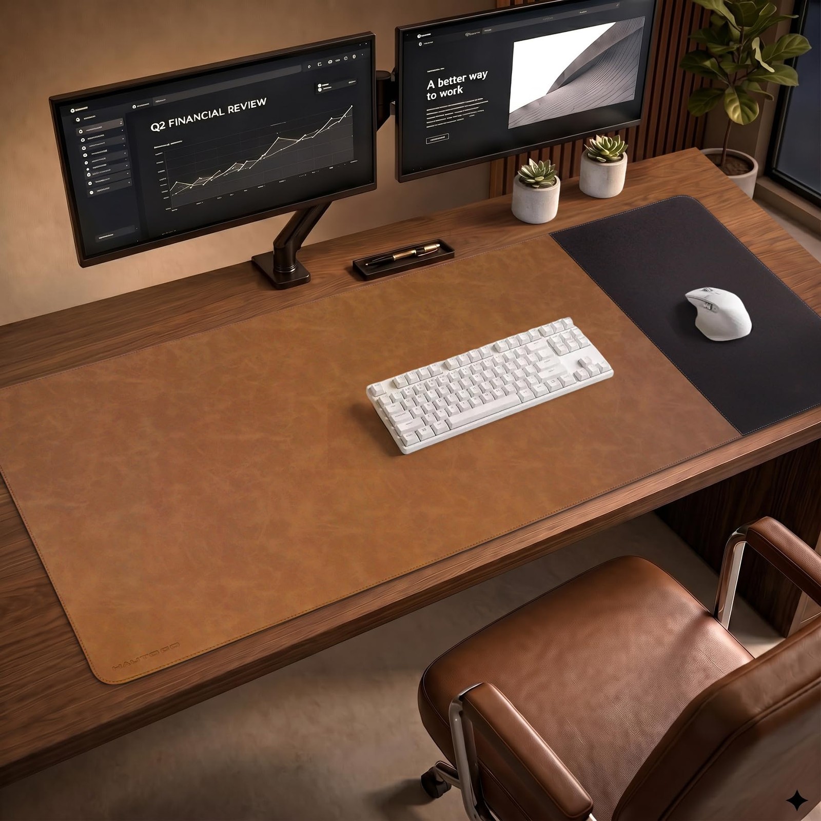 HAUTOCO Cork Desk Mat 48''x19.7'', Distressed PU Leather and Cloth Desk Pad |...