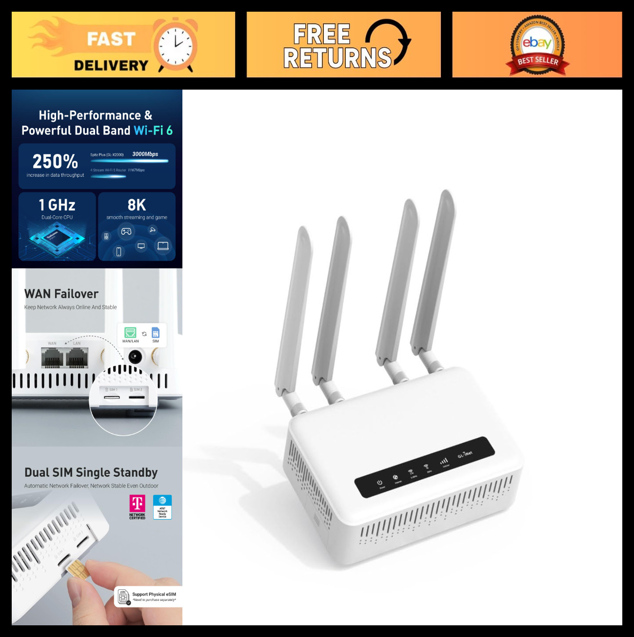 4G LTE Wi-Fi 6 Dual-SIM Router, CAT 12, Detachable Antennas, VPN, IoT Ready, Hom