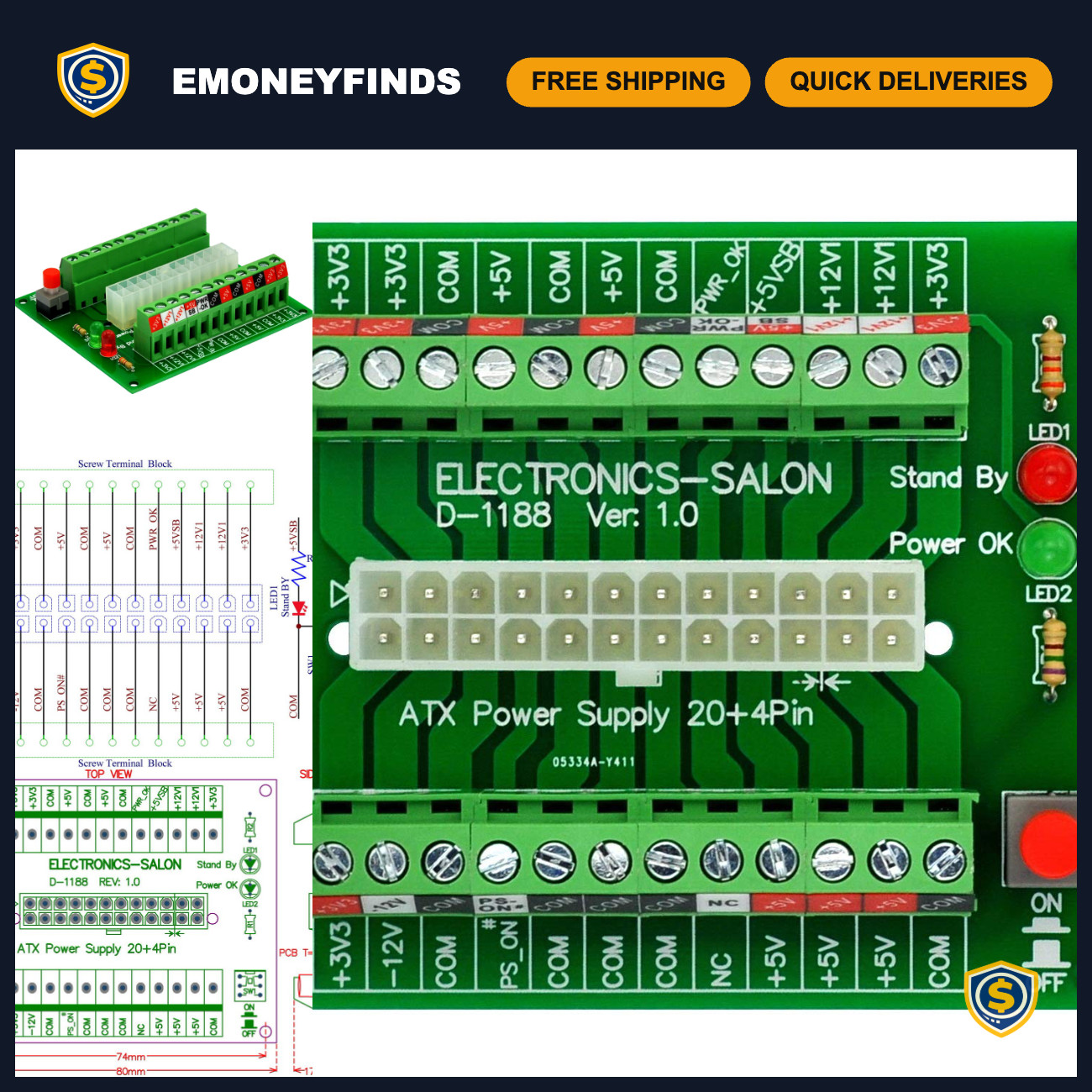 24/20-Pin ATX DC Power Supply Breakout Board Module for Electronics Projects