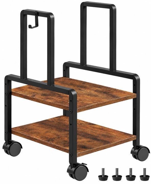 Adjustable 2-Tier PC Stand, Computer Tower Stand with 360° Locking Wheels & H...