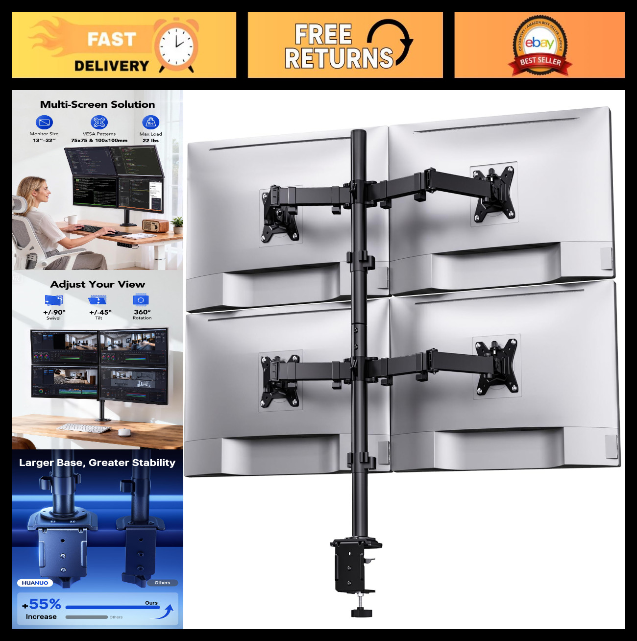 Quad Monitor Mount for 13-32" Screens, Fully Adjustable 4 Monitor Stand, VESA 75