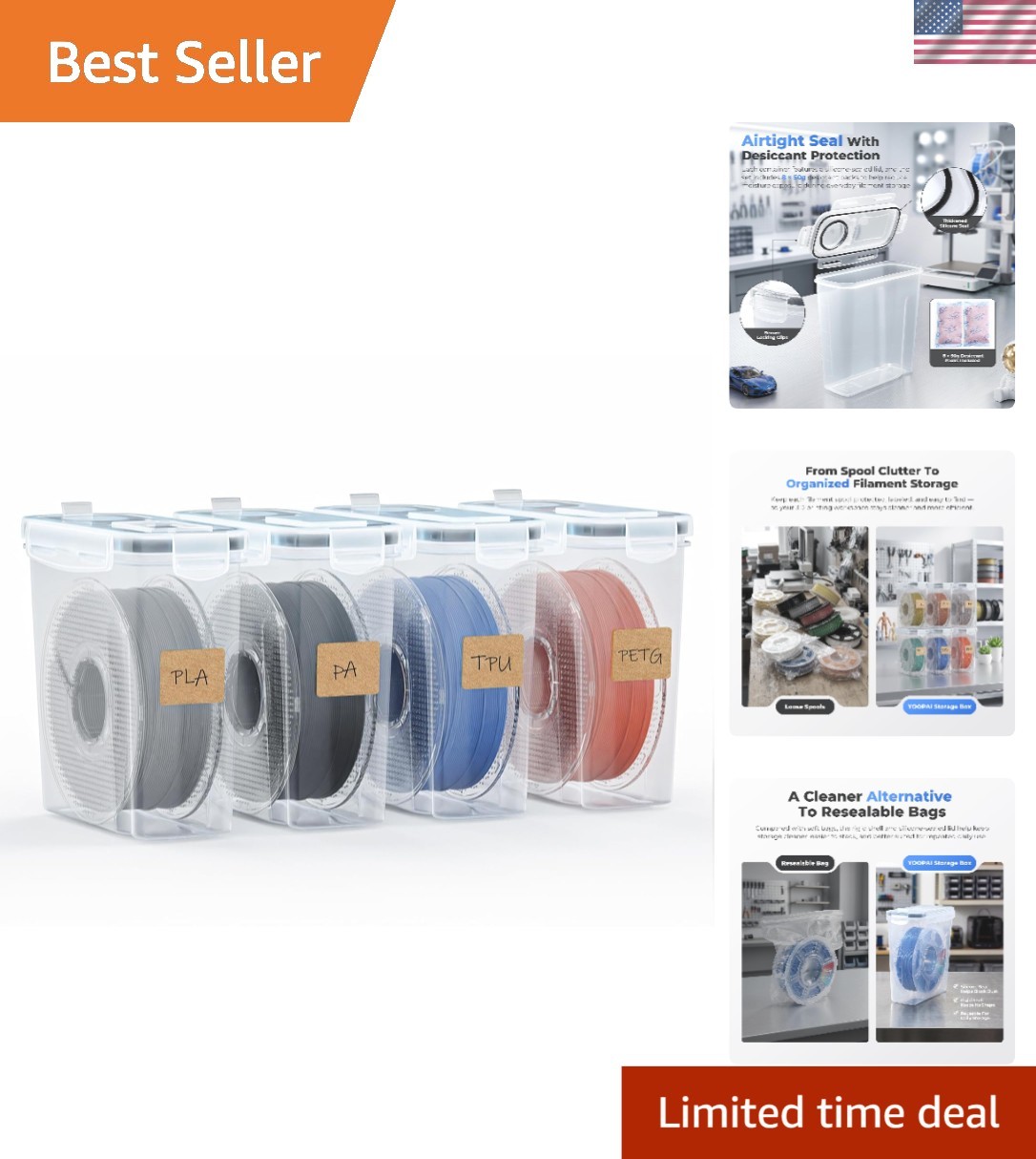 Ultimate 3D Printing Filament Storage Box Set - 4 Containers with Desiccants