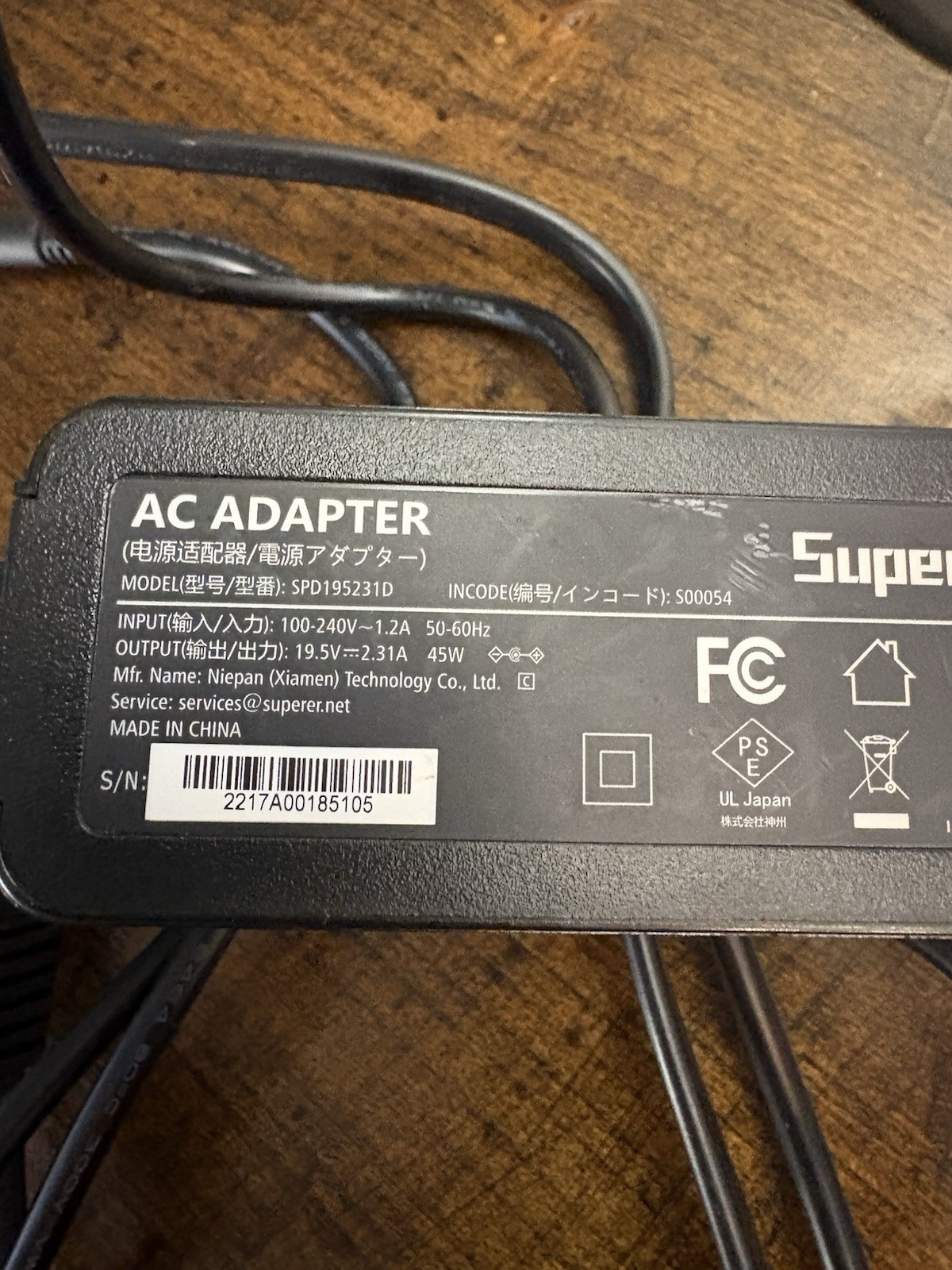 SUPERER 19V 3.42A  AC ADAPTER SPD190342 SPD190342