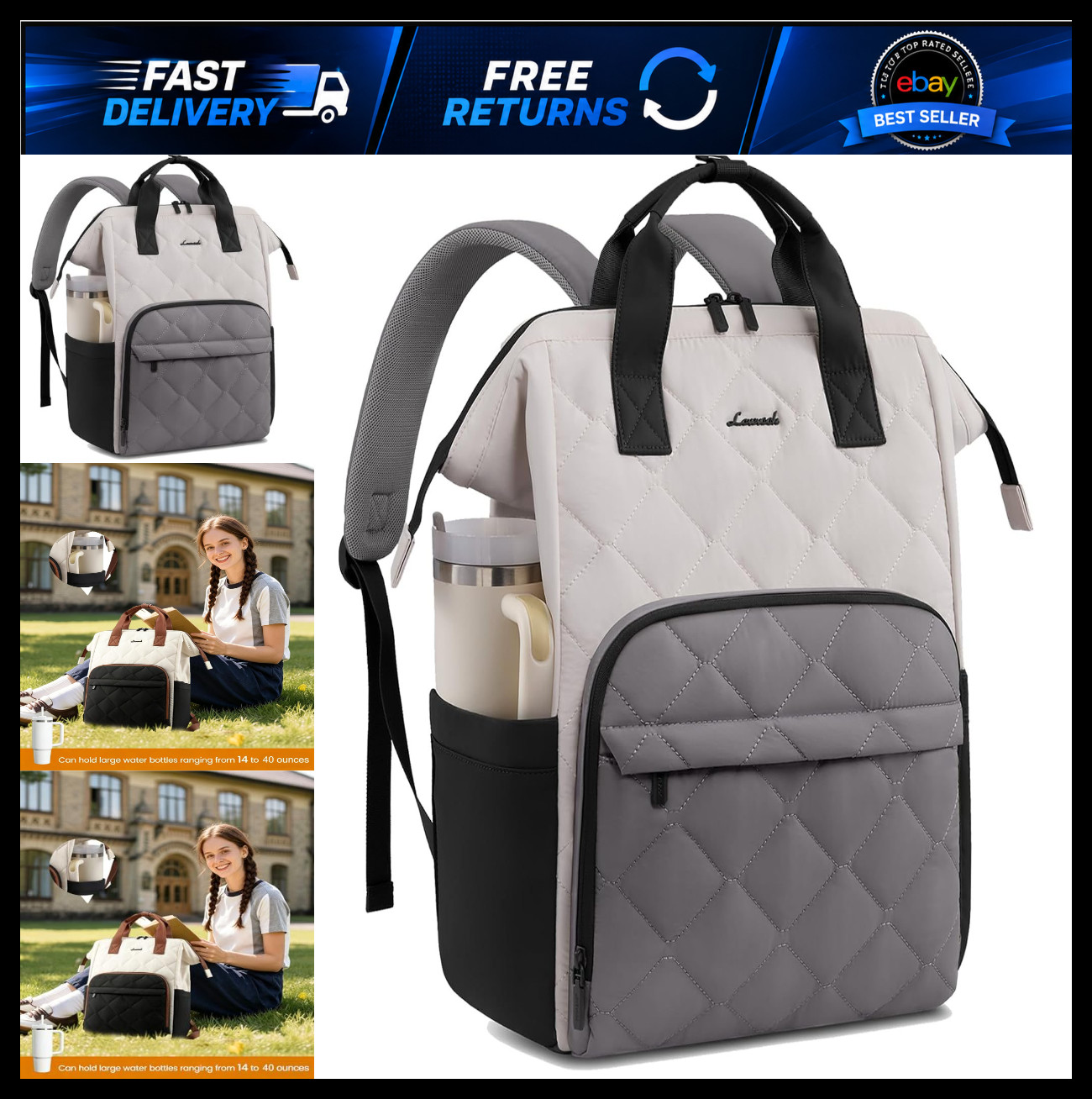 LOVEVOOK Laptop Backpack for Women Work Bag 15.6 inch Black-White-Gray