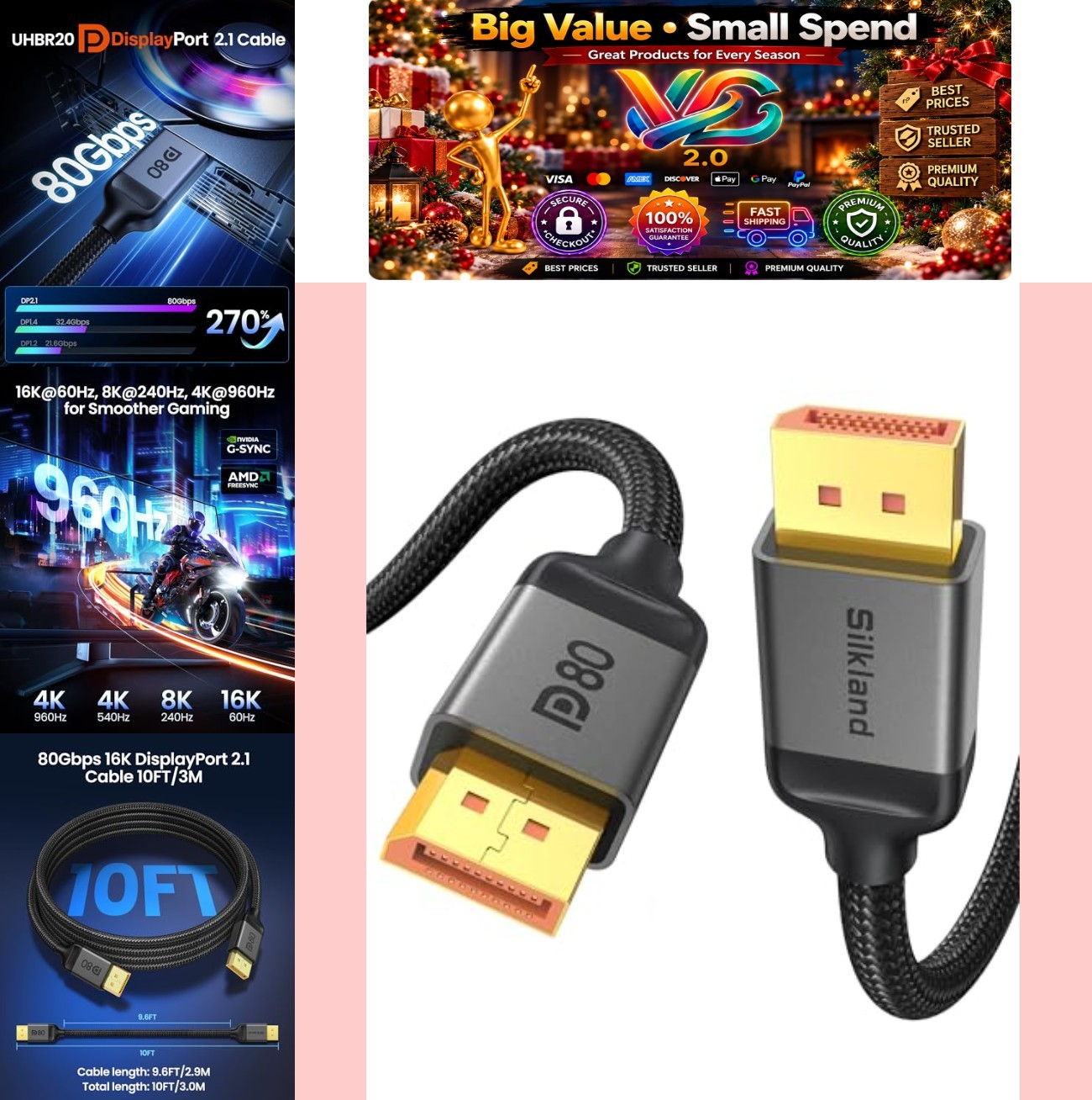 80Gbps DisplayPort 2.1 Cable 10FT DP80 16K HDR Gaming Cord for PC Monitor
