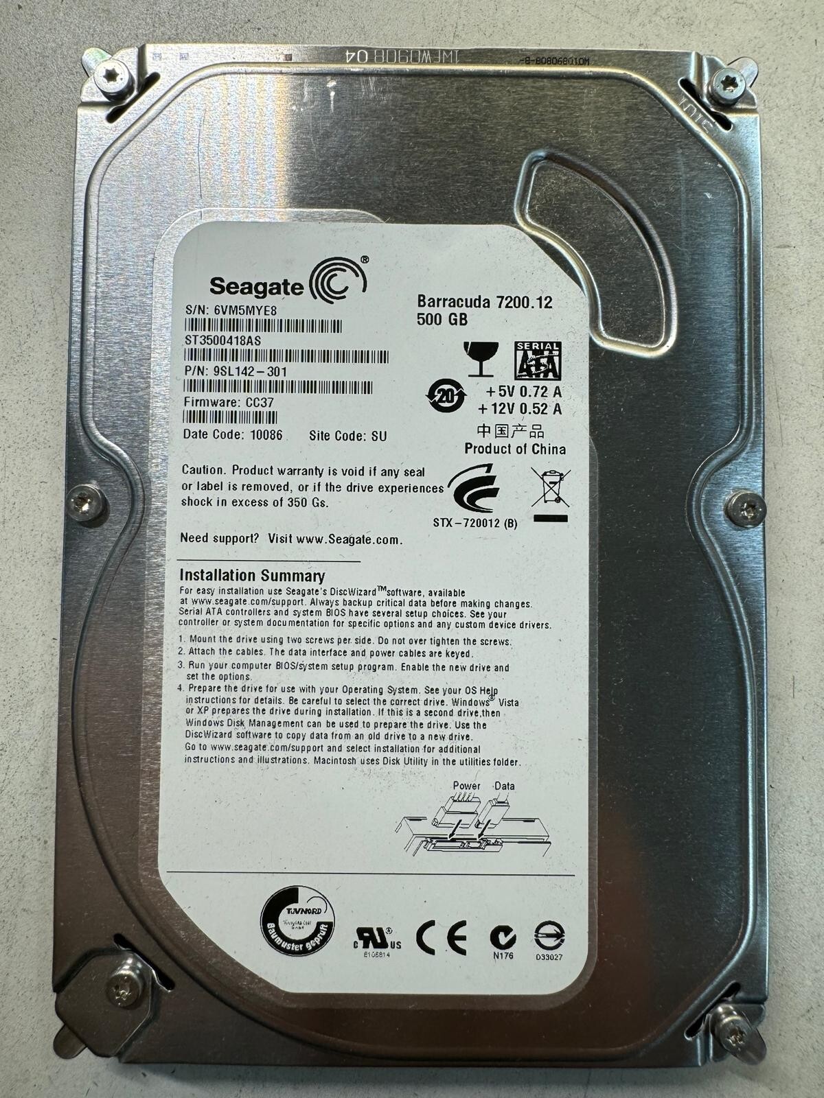 SEAGATE ST3500418AS 9SL142-301 500GB Firmware CC37 Code 10086 SATA 3.5" HDD