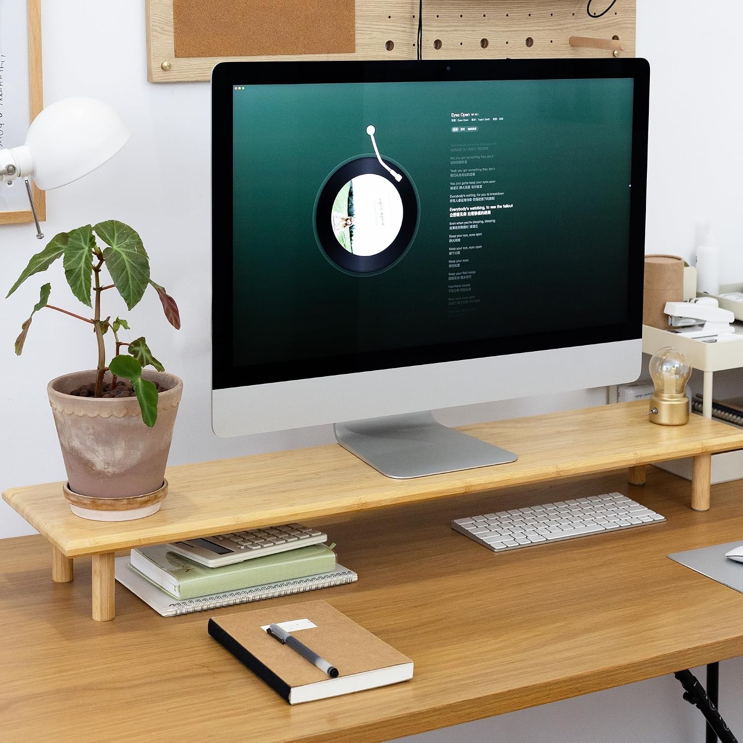 Bamboo Dual Monitor Stand Riser with Underneath Storage Ergonomic Desk Shelf