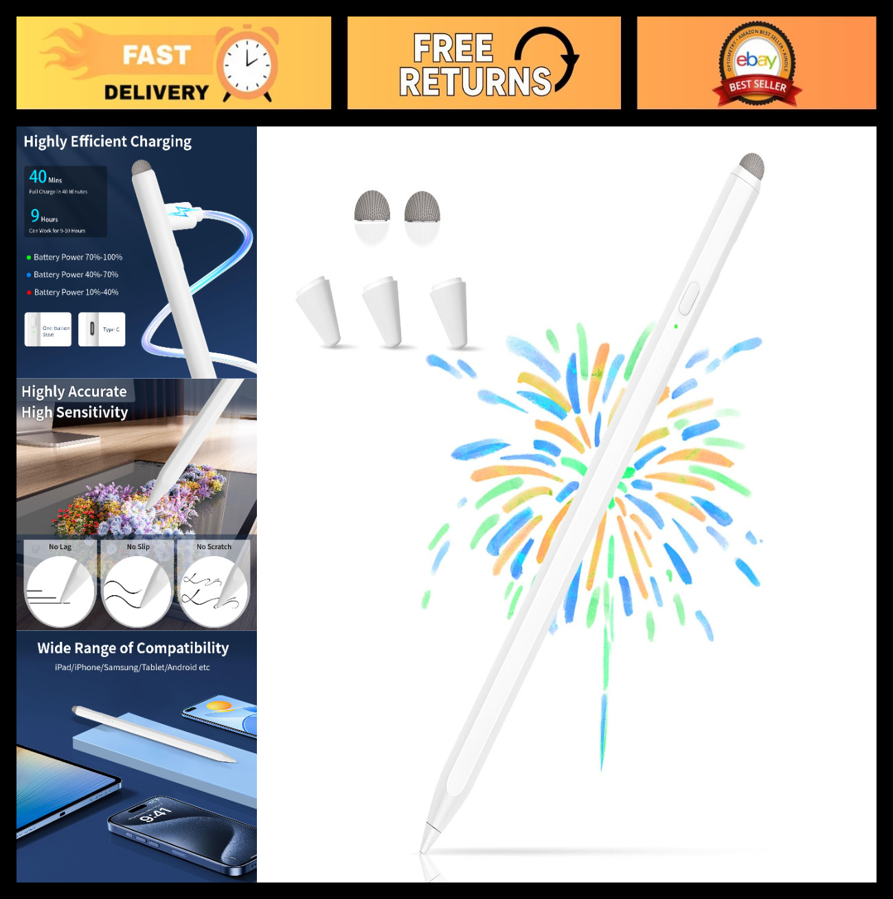2-in-1 Touchscreen Stylus Pen, High Sensitivity & Precision for Tablets & Smartp