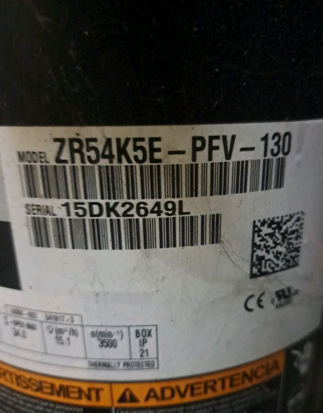 4.5 Ton Emerson Copeland ZR54K5E-PFV-130 compressor for R22  (Post V10)