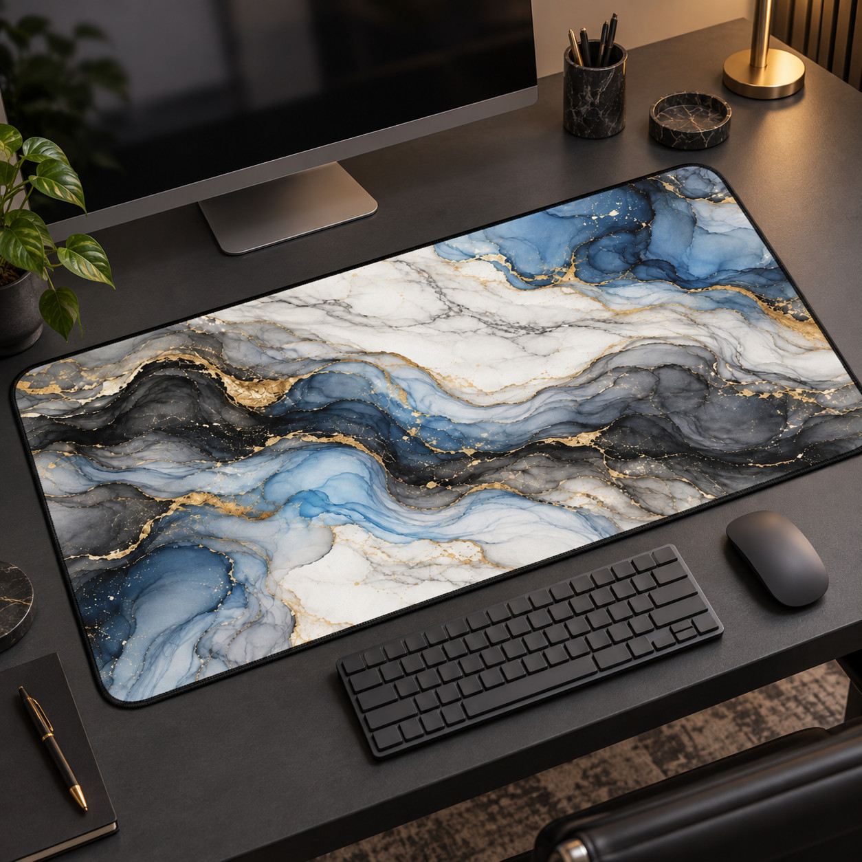 Blue Marble Desk Mat, Gold Abstract Mouse Pad, Modern Office Decor