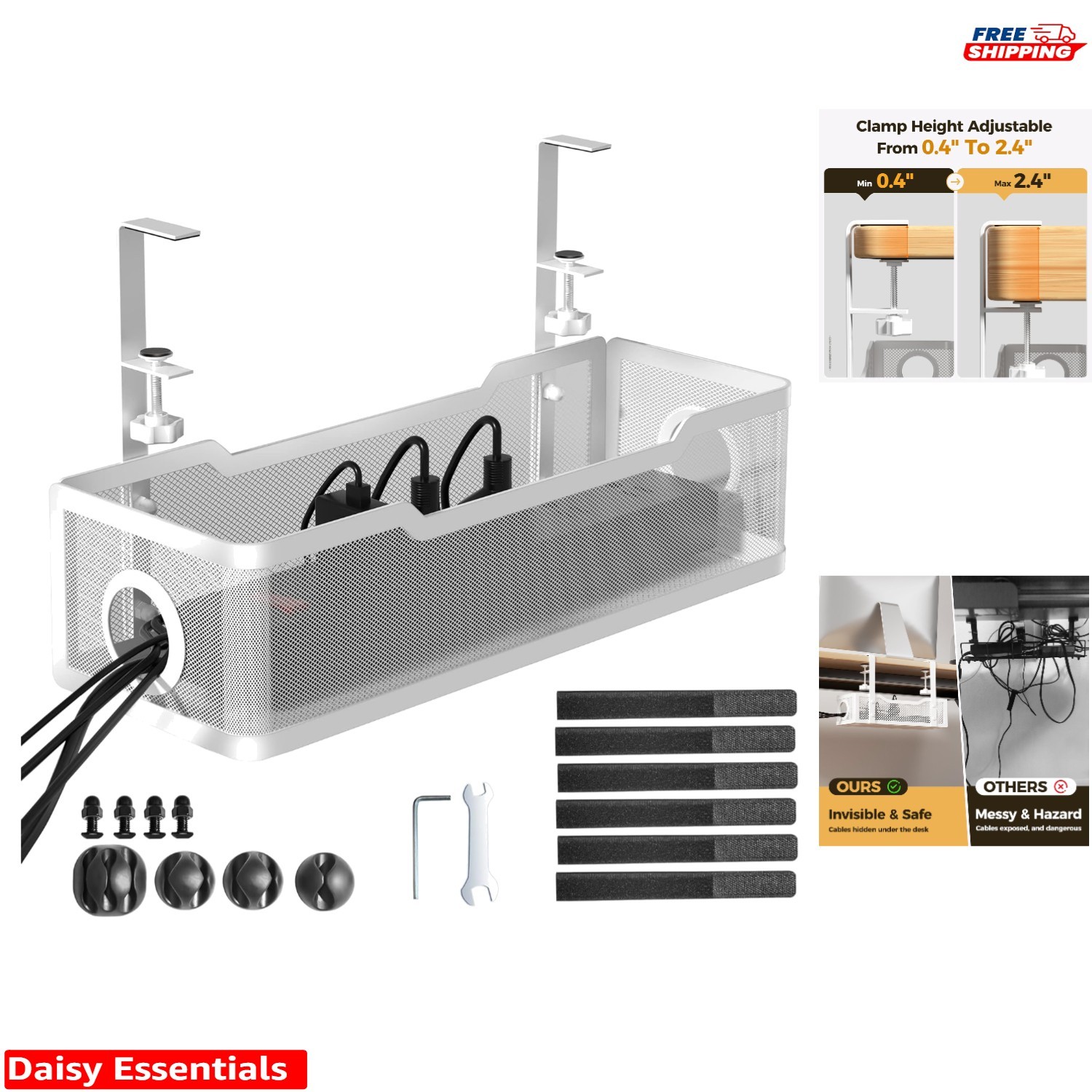 Versatile Under Desk Cable Organizer - Includes Clips & Ties, White Metal Design